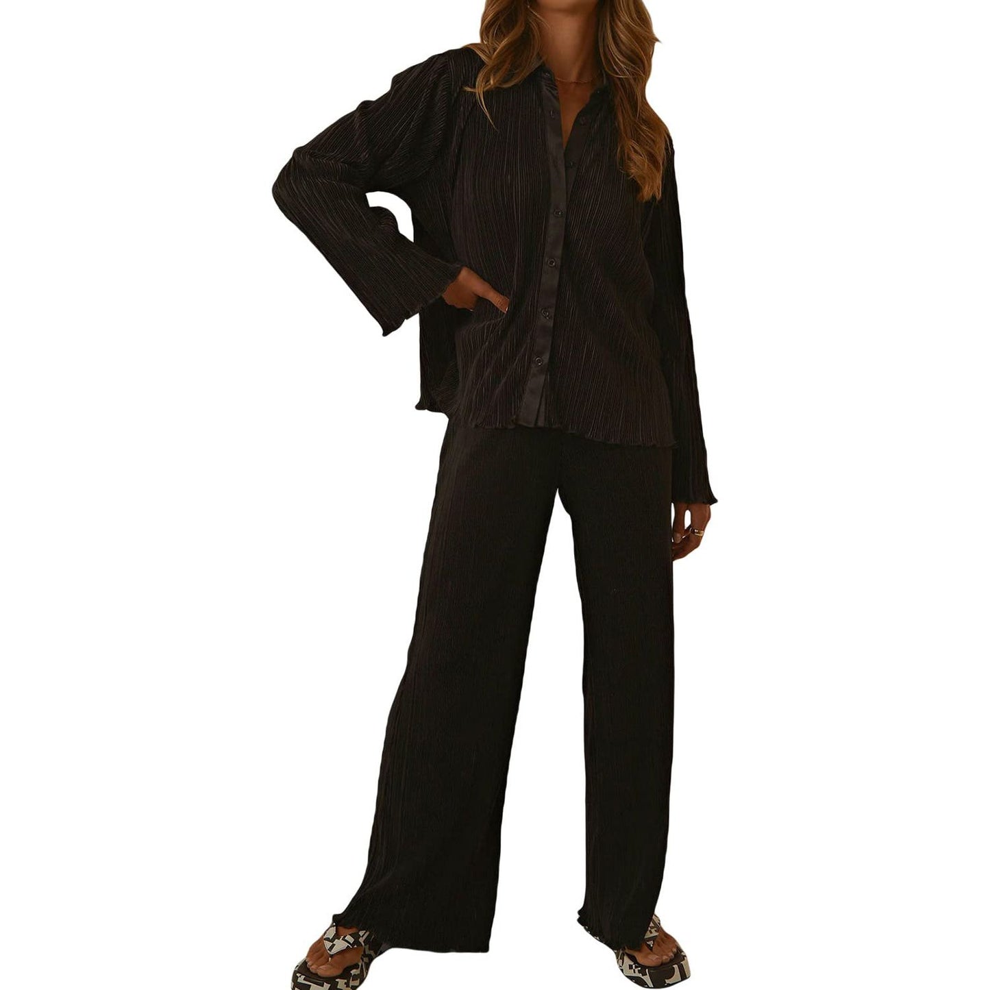 Collared Neck Long Sleeve Top and Pants Lounge Set