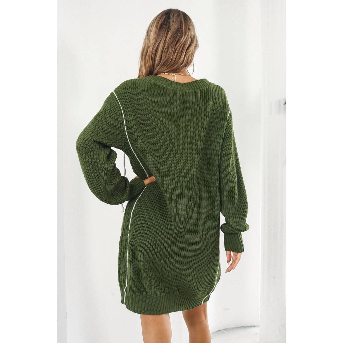 Contrast V-Neck Sweater Dress