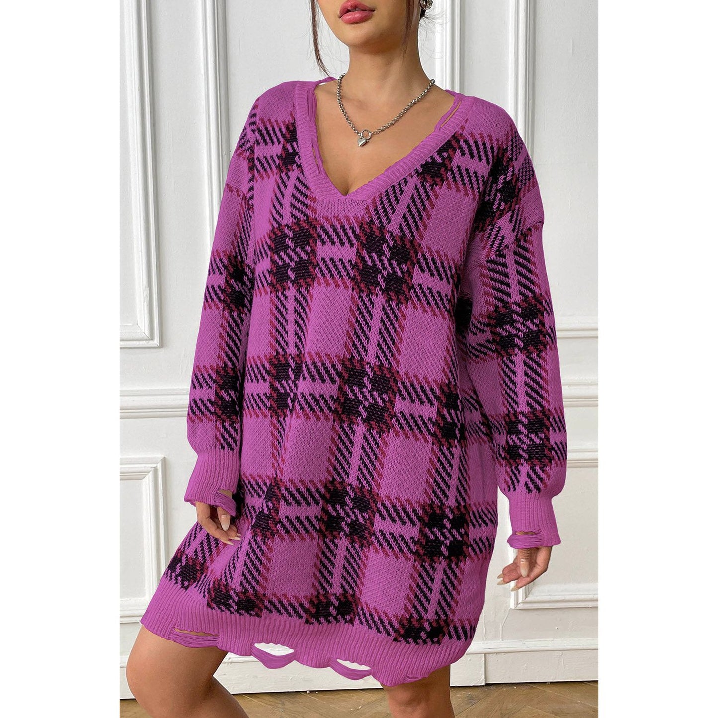 Plaid V-Neck Long Sleeve Sweater Dress