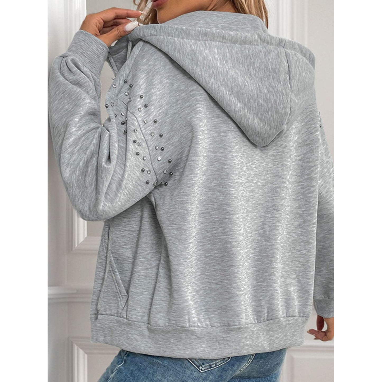 Perfee Rhinestone Zip Up Long Sleeve Hoodie