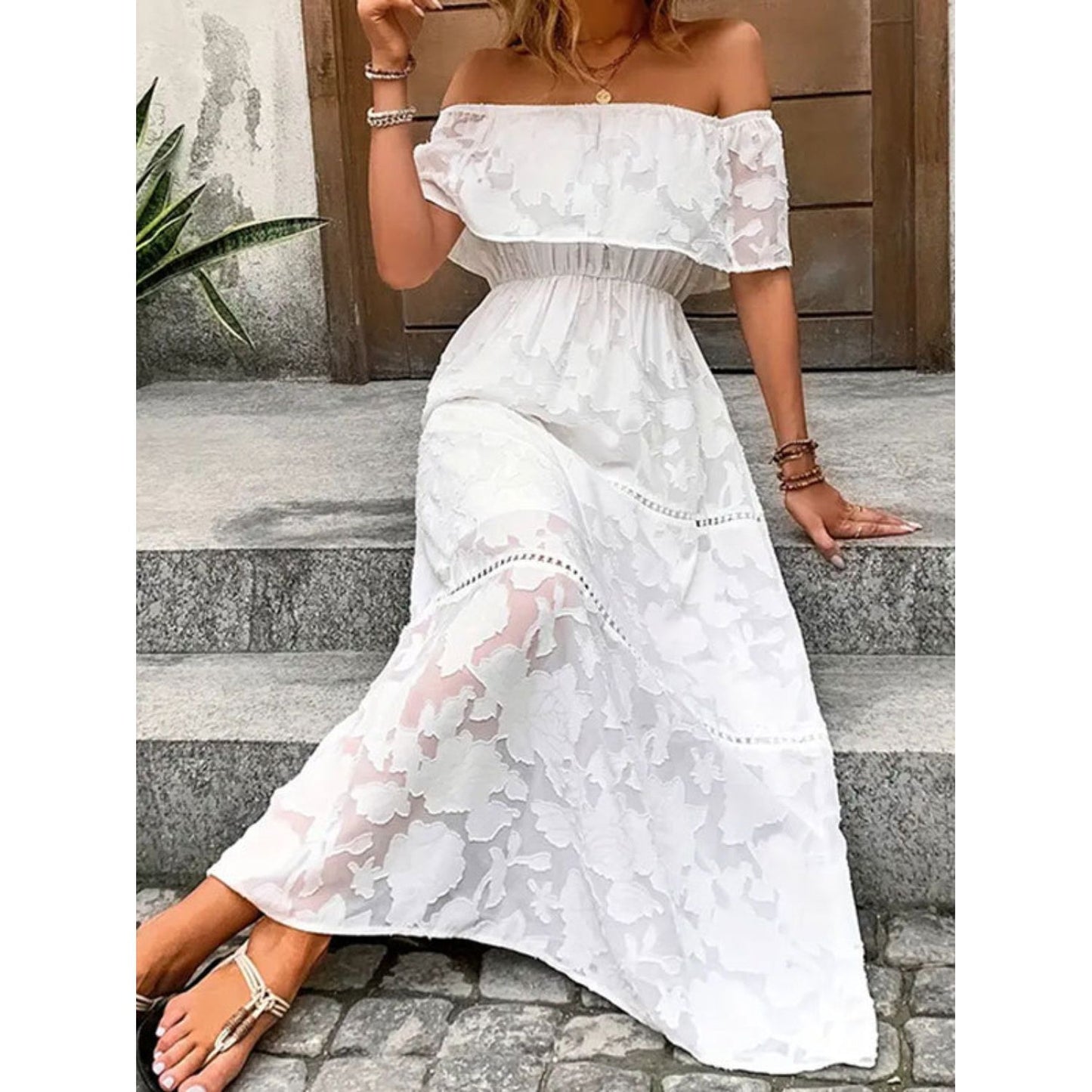 Off-Shoulder Short Sleeve Maxi Dress