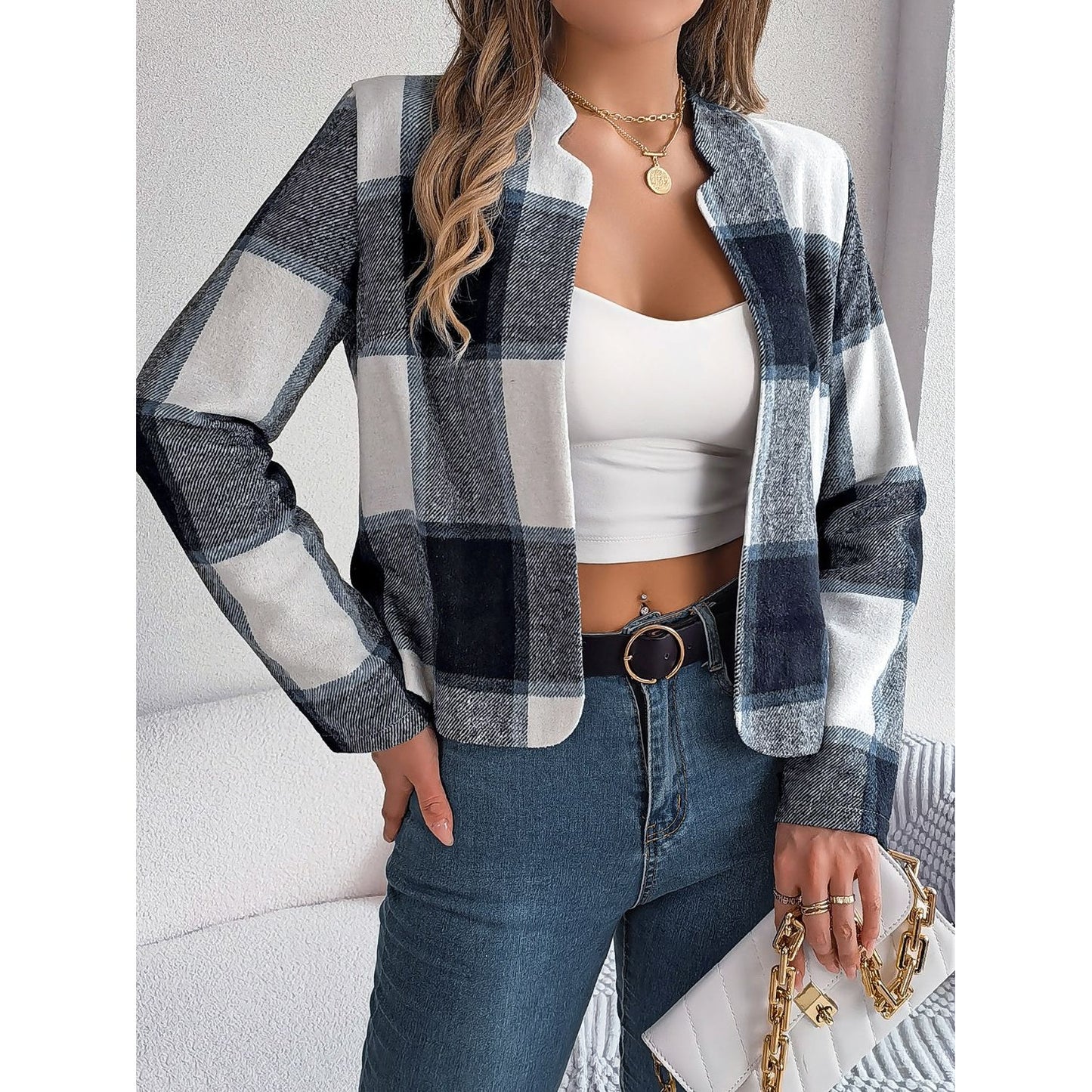 Plaid Open Front Long Sleeve Jacket