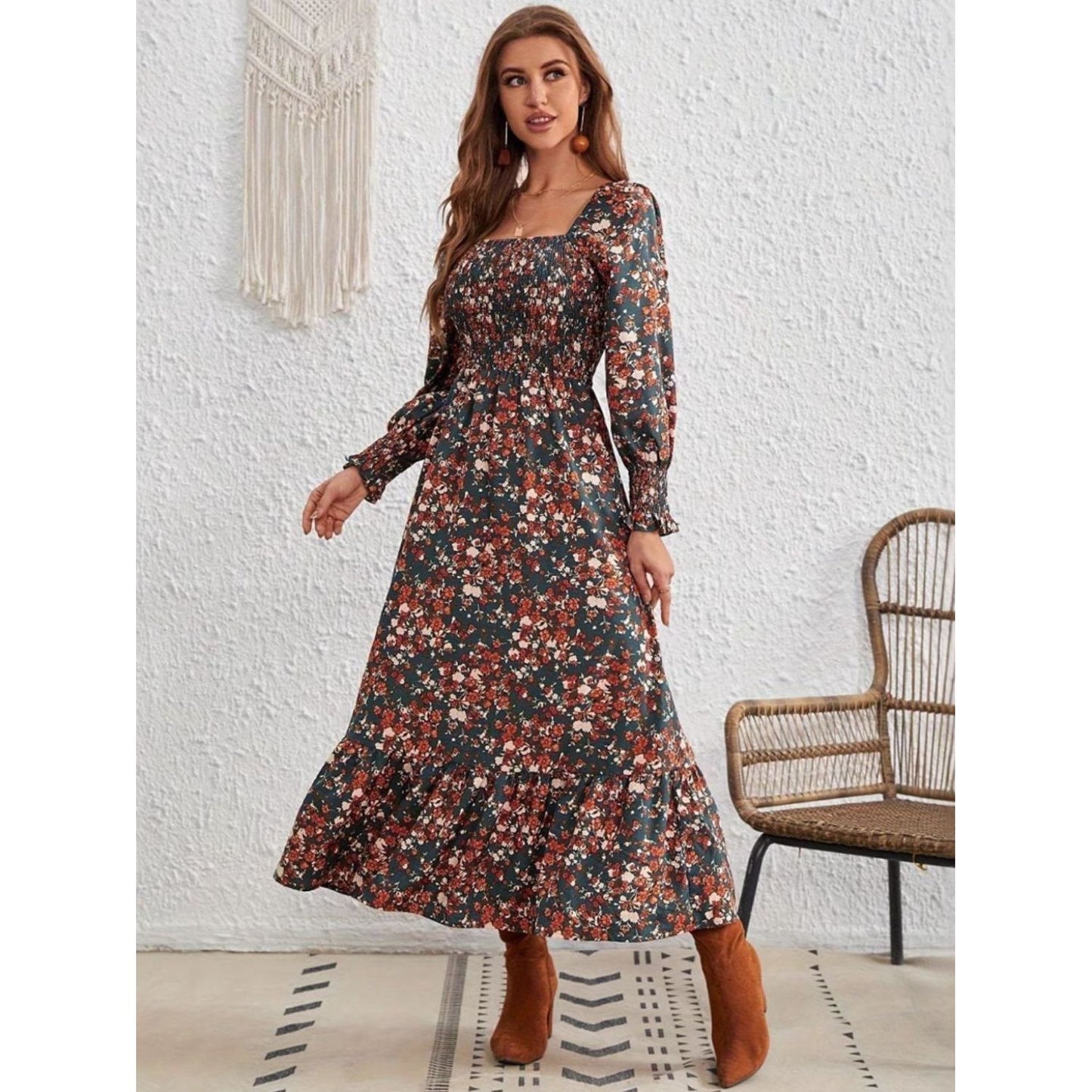 Smocked Floral Square Neck Long Sleeve Dress