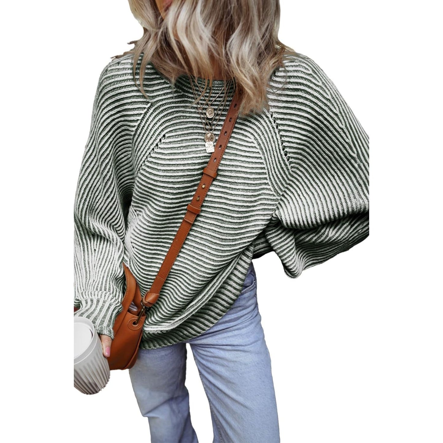 Textured Striped Round Neck Long Sleeve Top