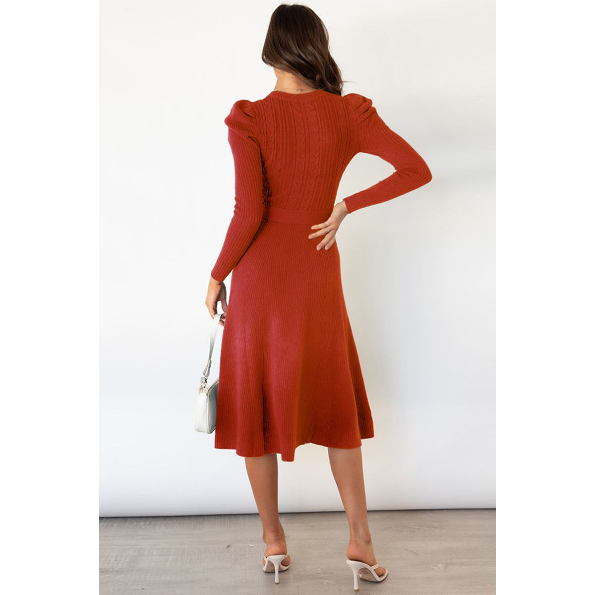 Round Neck Long Sleeve Tie Waist Sweater Dress