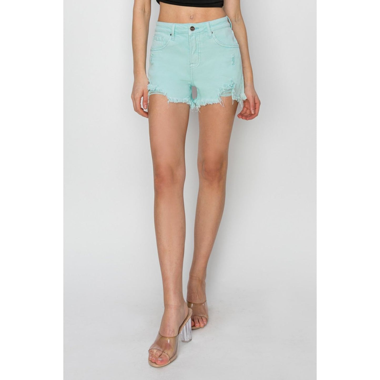 RISEN Mid Waist Frayed Hem Denim Shorts