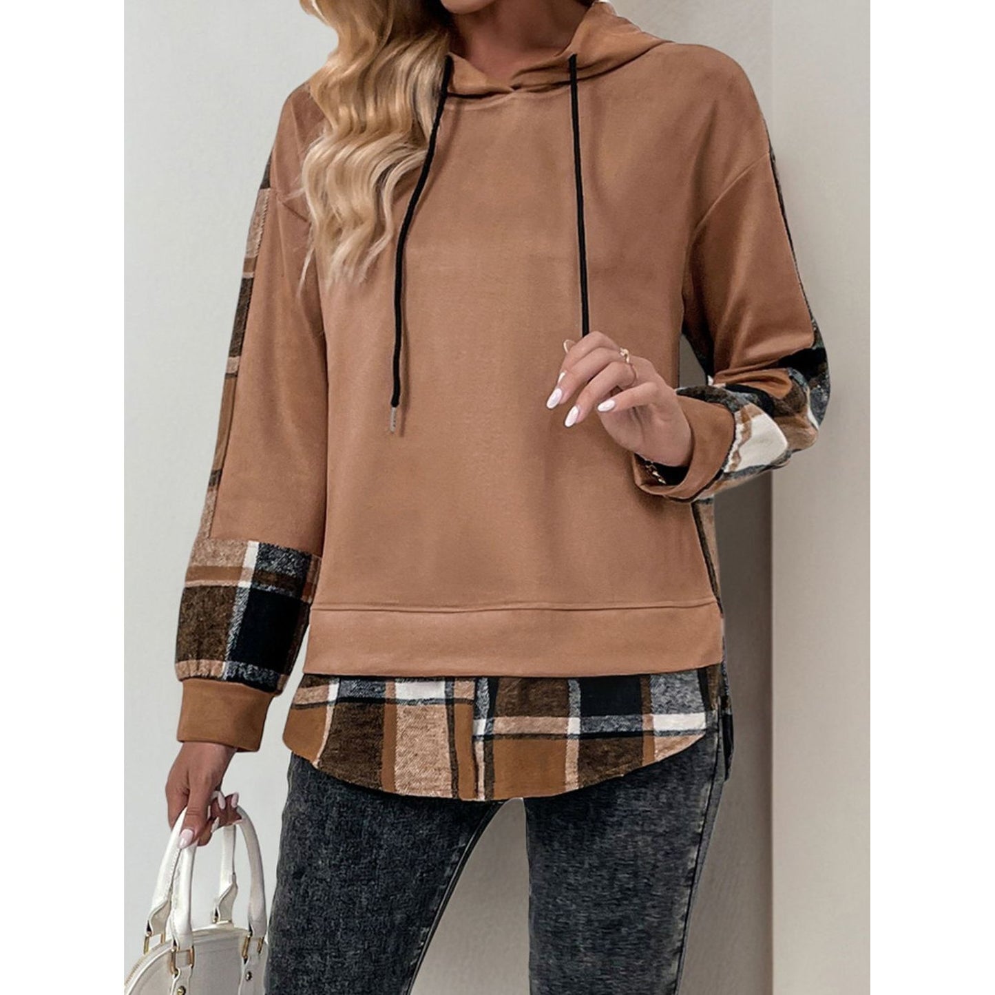 Perfee Drawstring Slit Plaid Long Sleeve Hoodie