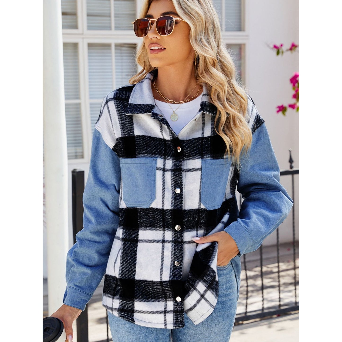 Pocketed Plaid Snap Down Denim Jacket