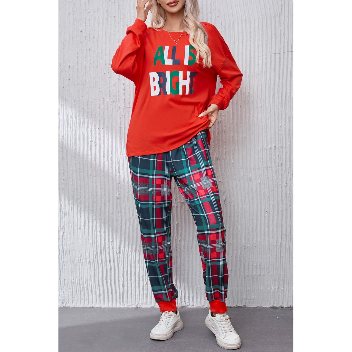 ALL IS BRIGHT Round Neck Top and Plaid Pants Lounge Set