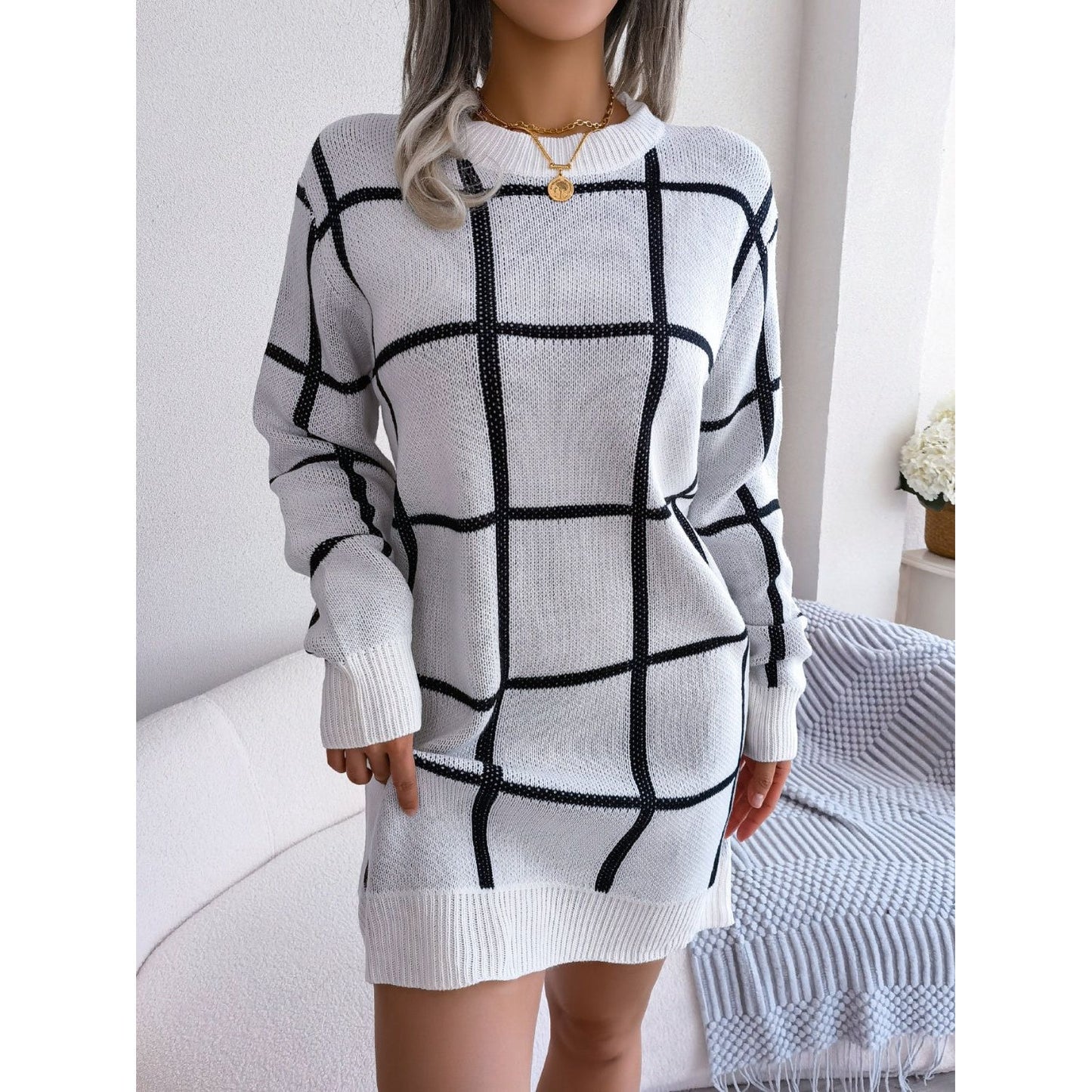 Plaid Round Neck Dropped Shoulder Sweater Dress