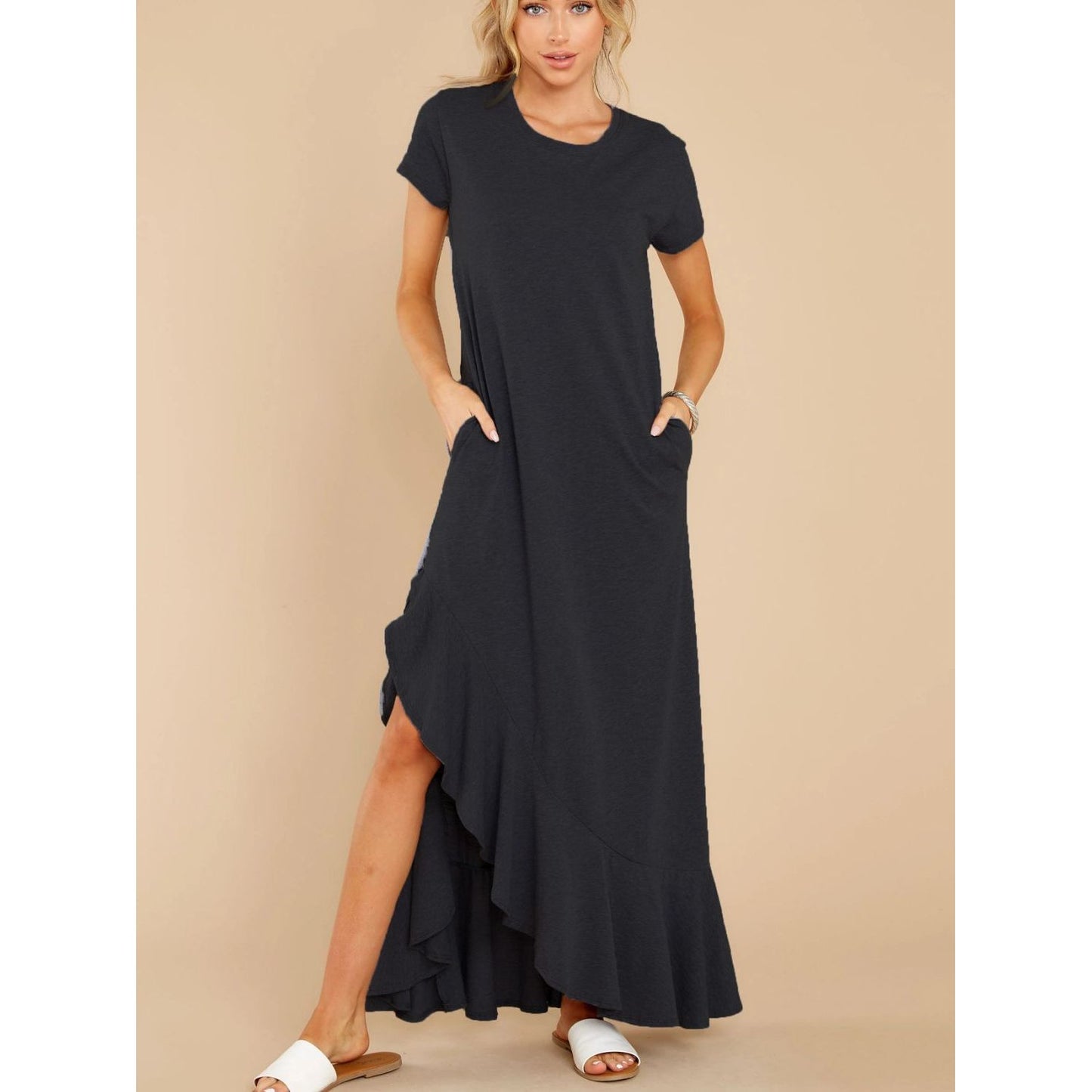 Slit Round Neck Short Sleeve Maxi Dress