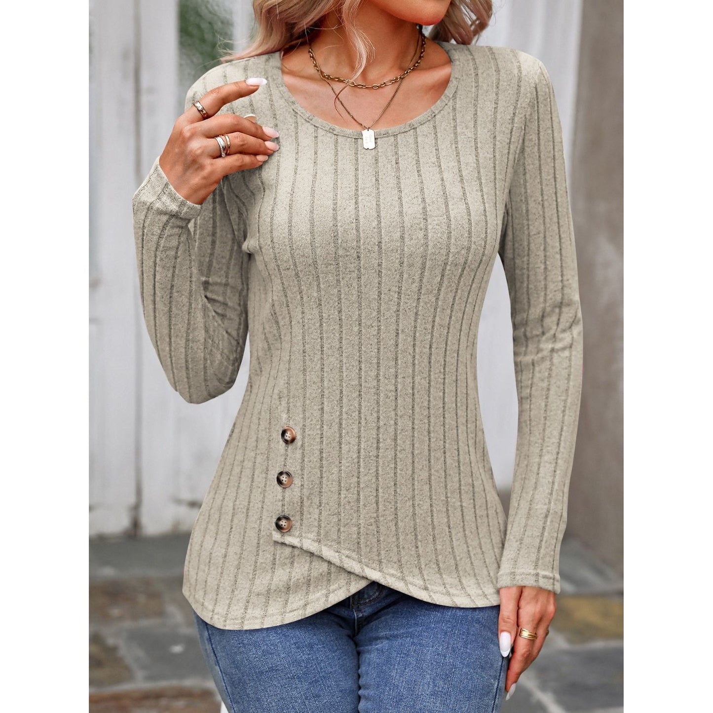 Decorative Button Round Neck Long Sleeve T-Shirt