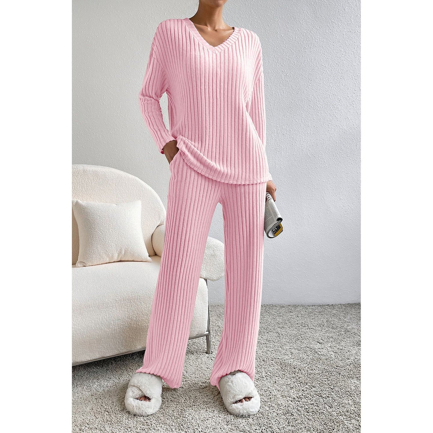 Ribbed V-Neck Top and Pants Lounge Set