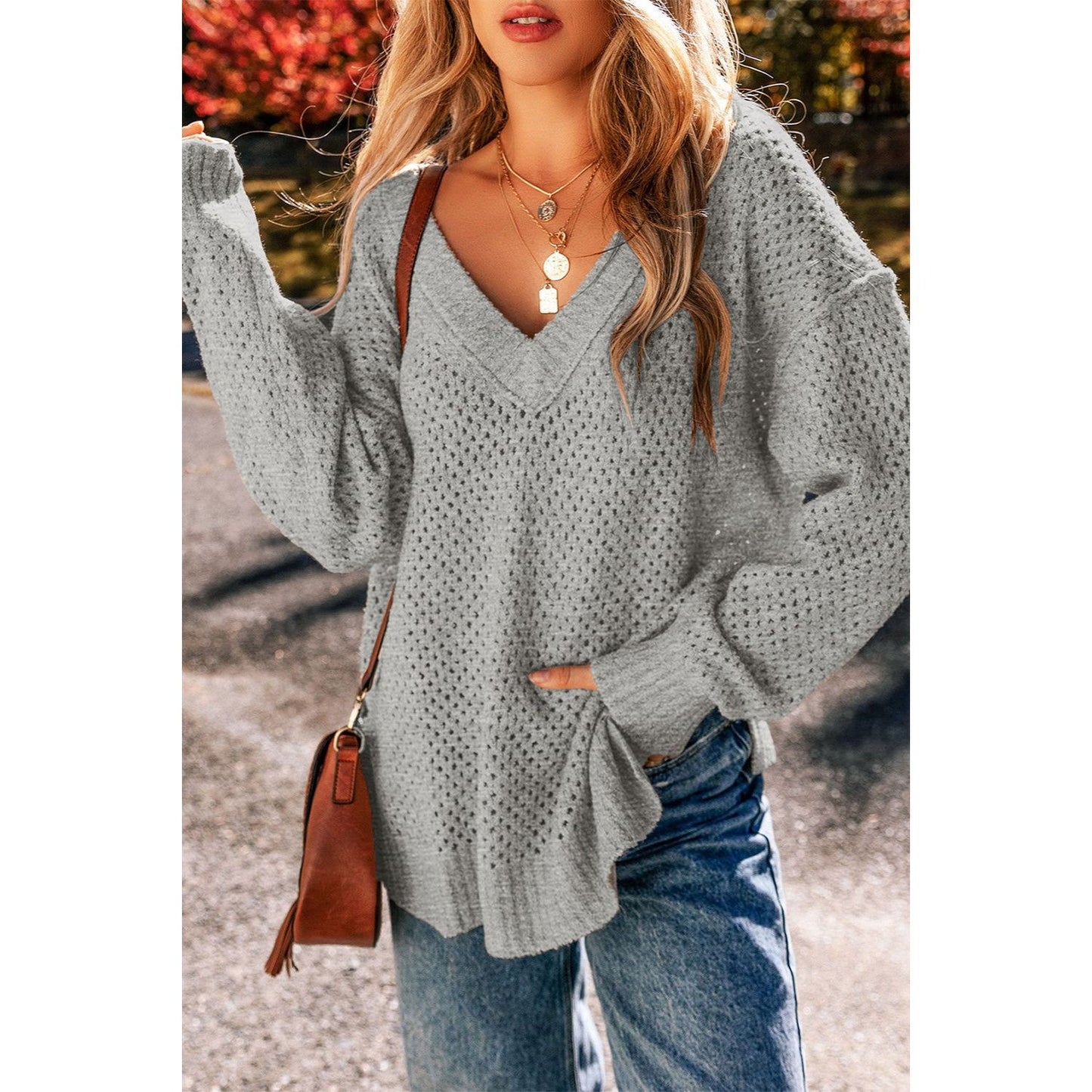 Openwork V-Neck Dropped Shoulder Sweater