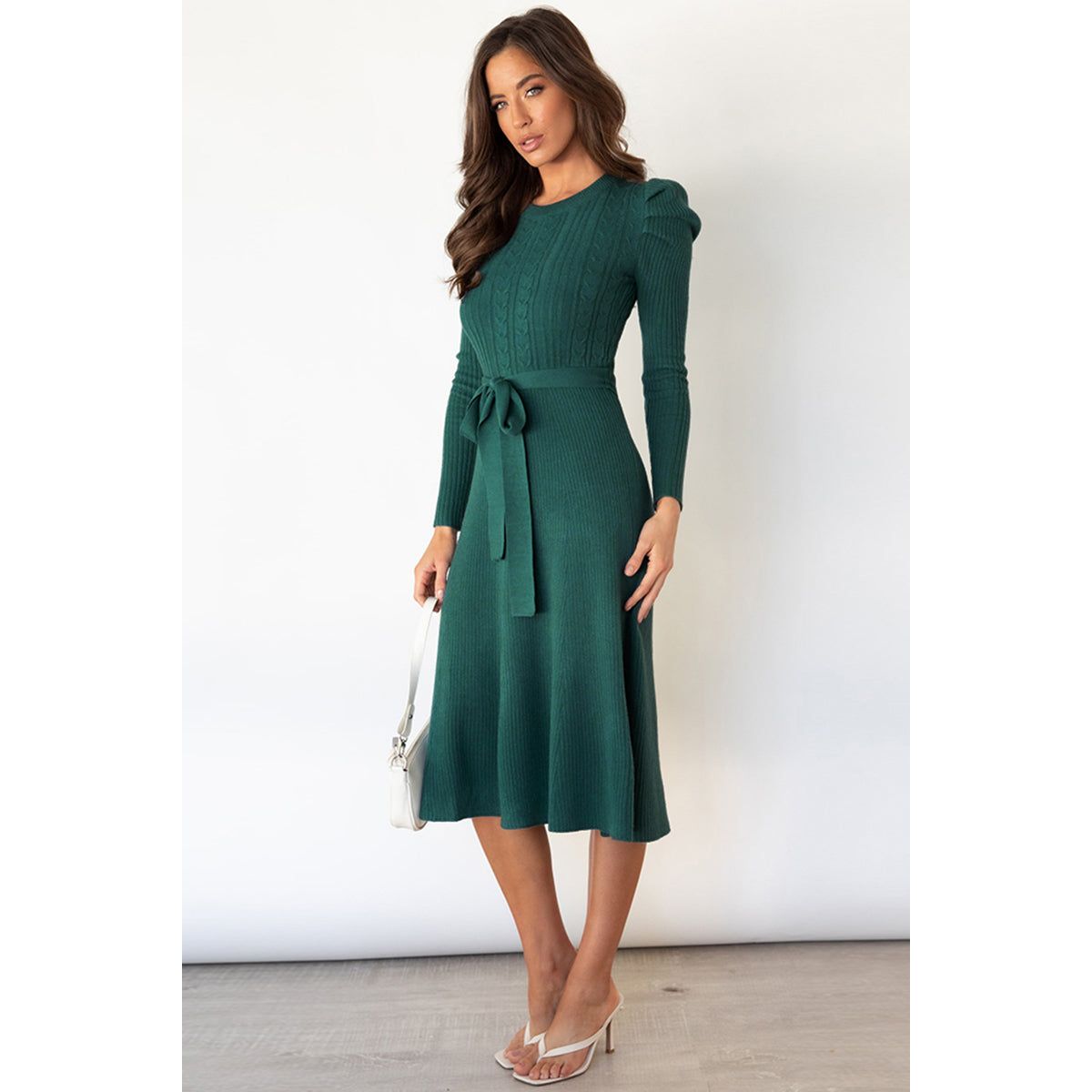 Round Neck Long Sleeve Tie Waist Sweater Dress