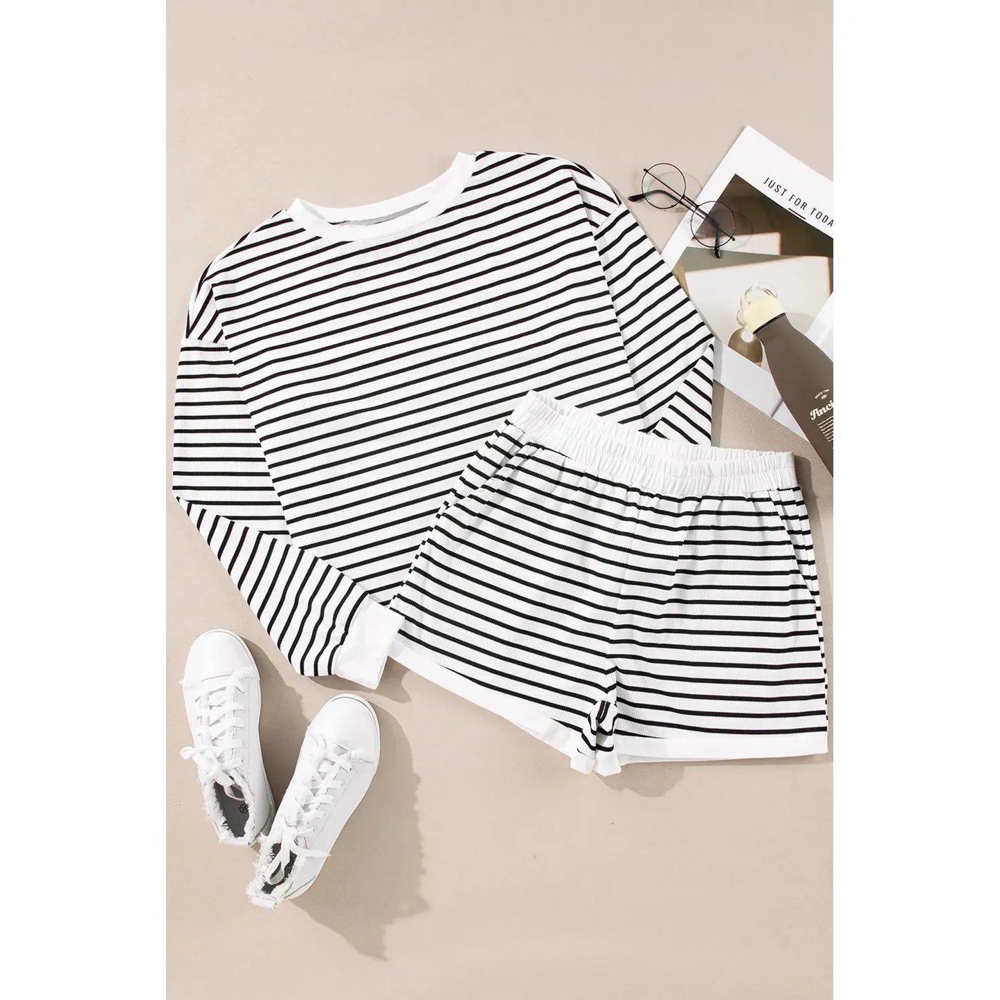 Striped Round Neck Long Sleeve Top and Shorts Set