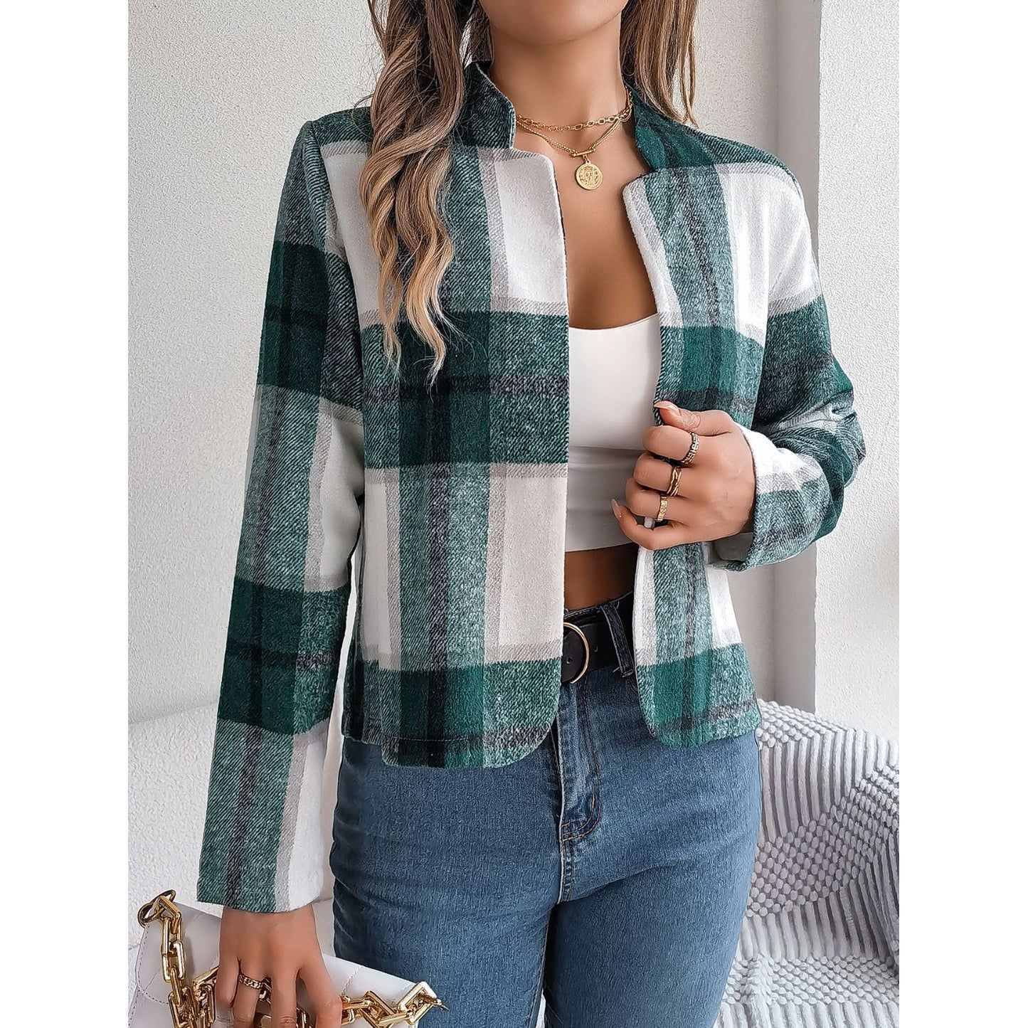 Plaid Open Front Long Sleeve Jacket