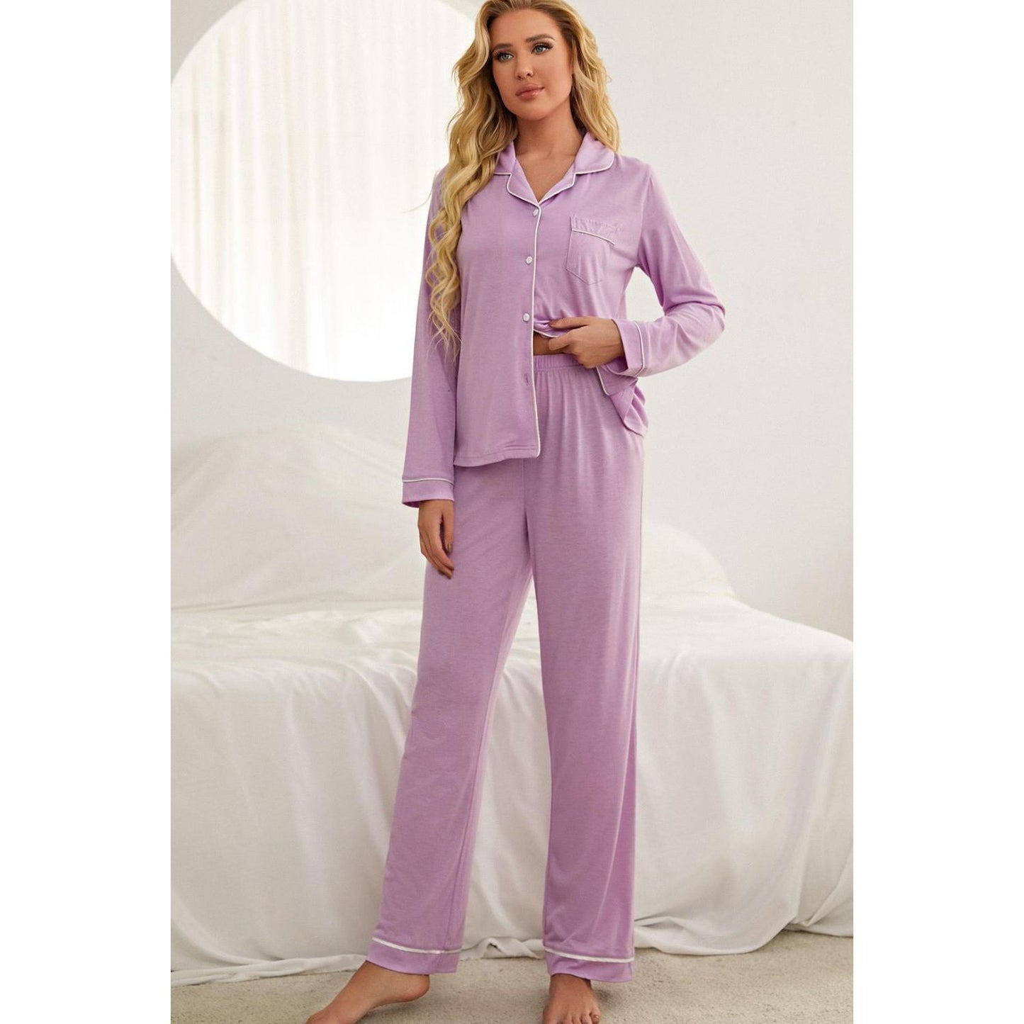 Contrast Piping Button Down Top and Pants Loungewear Set