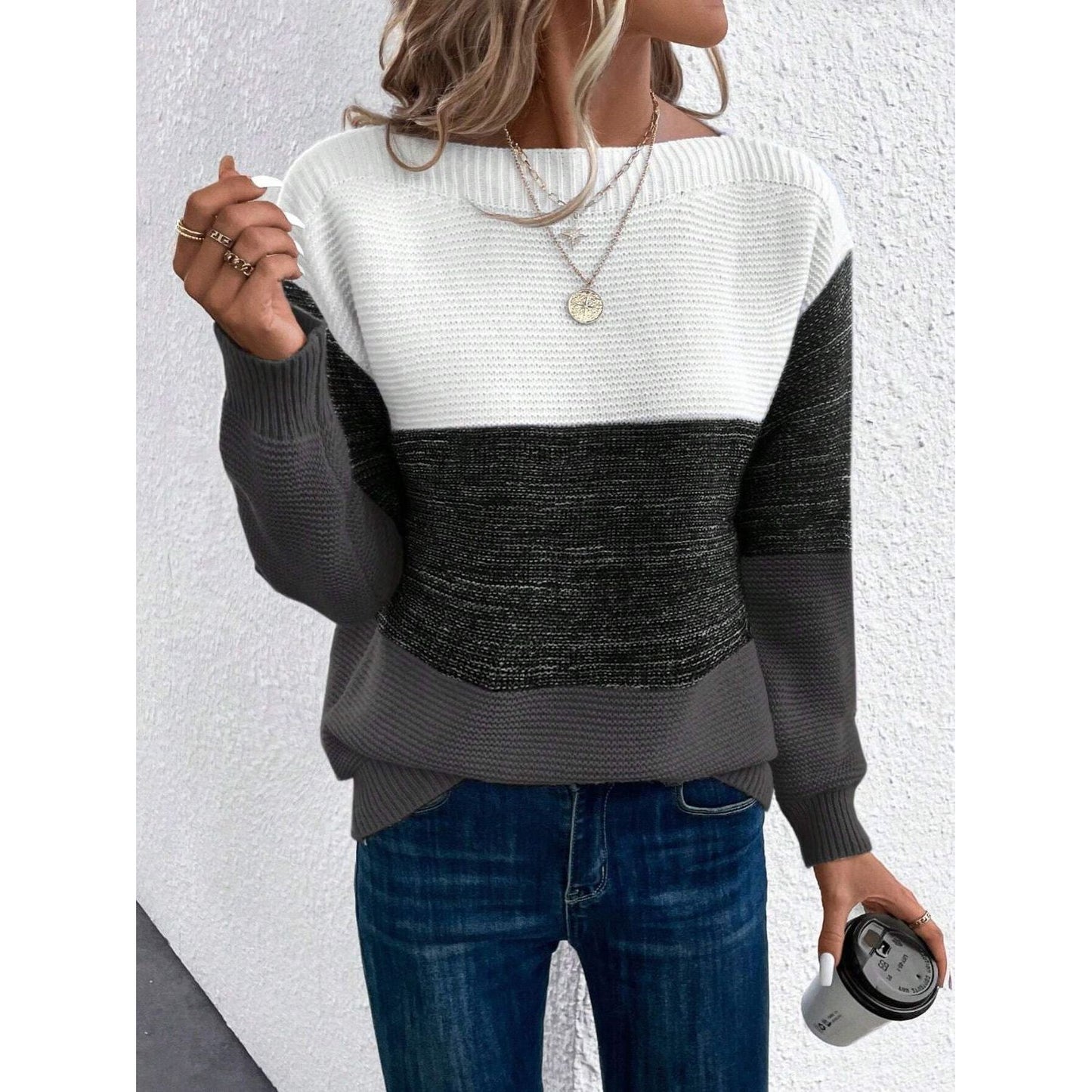 Color Block Boat Neck Sweater