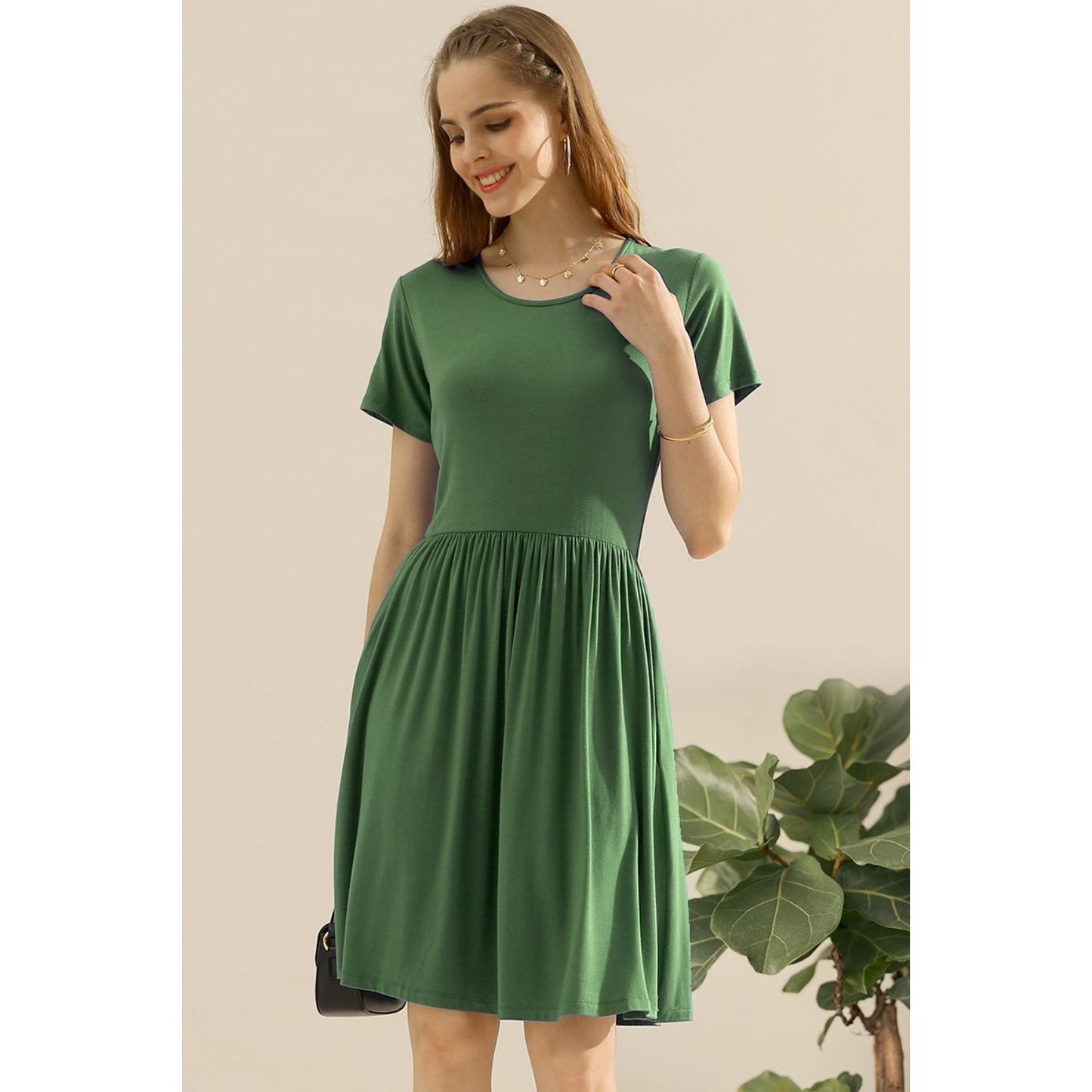 Ninexis Full Size Round Neck Ruched Dress with Pockets