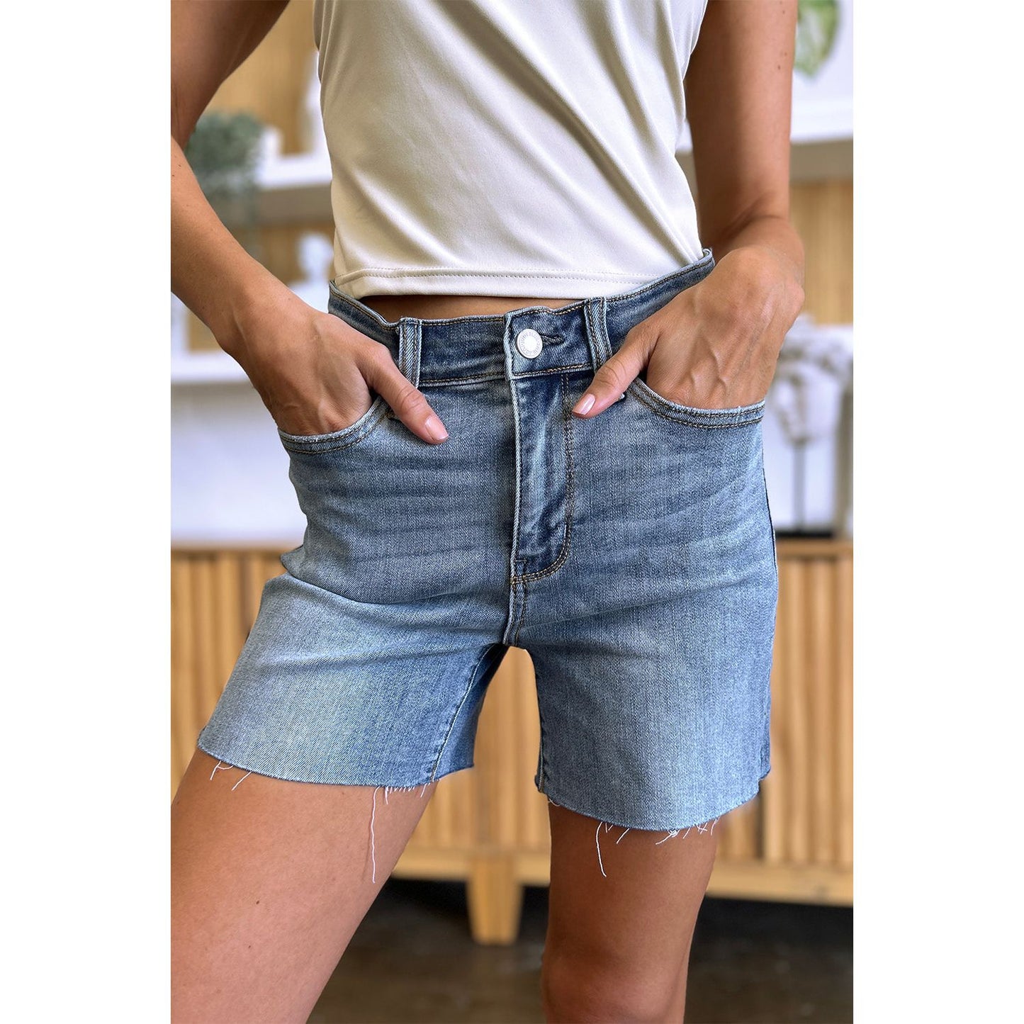 Judy Blue Full Size High Waist Raw Hem Denim Shorts