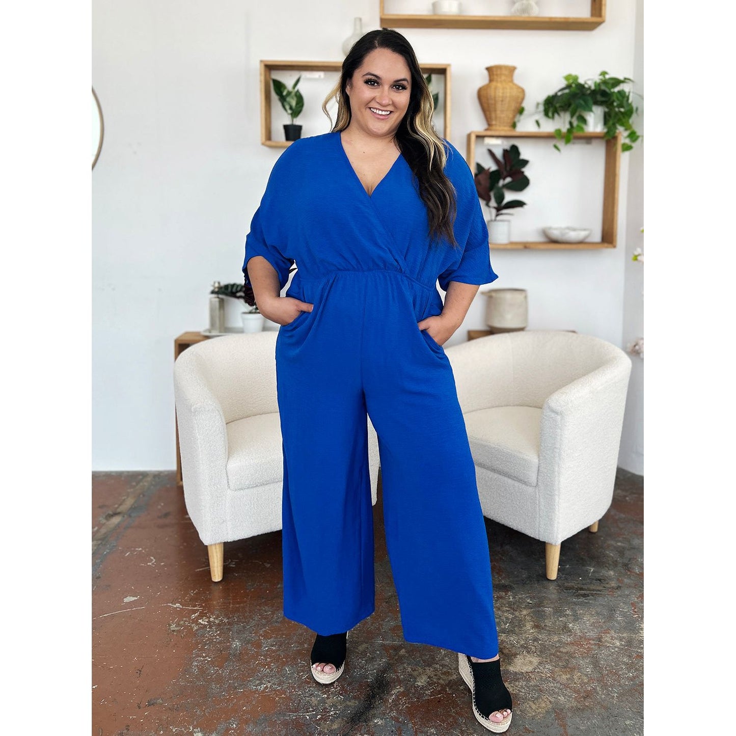 Double Take Full Size Surplice Wide Leg Jumpsuit with Pockets