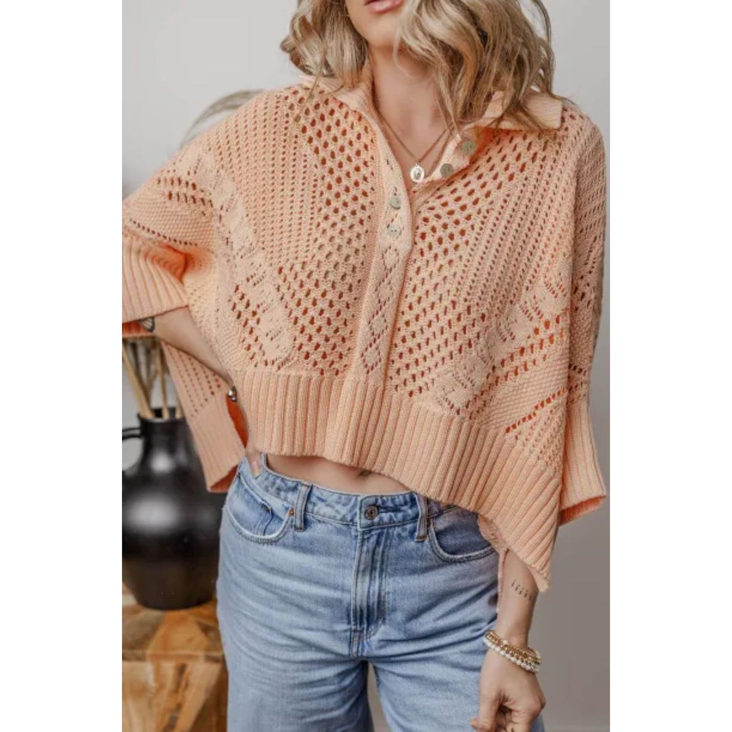 Cutout Collared Neck Three-Quarter Sleeve Sweater