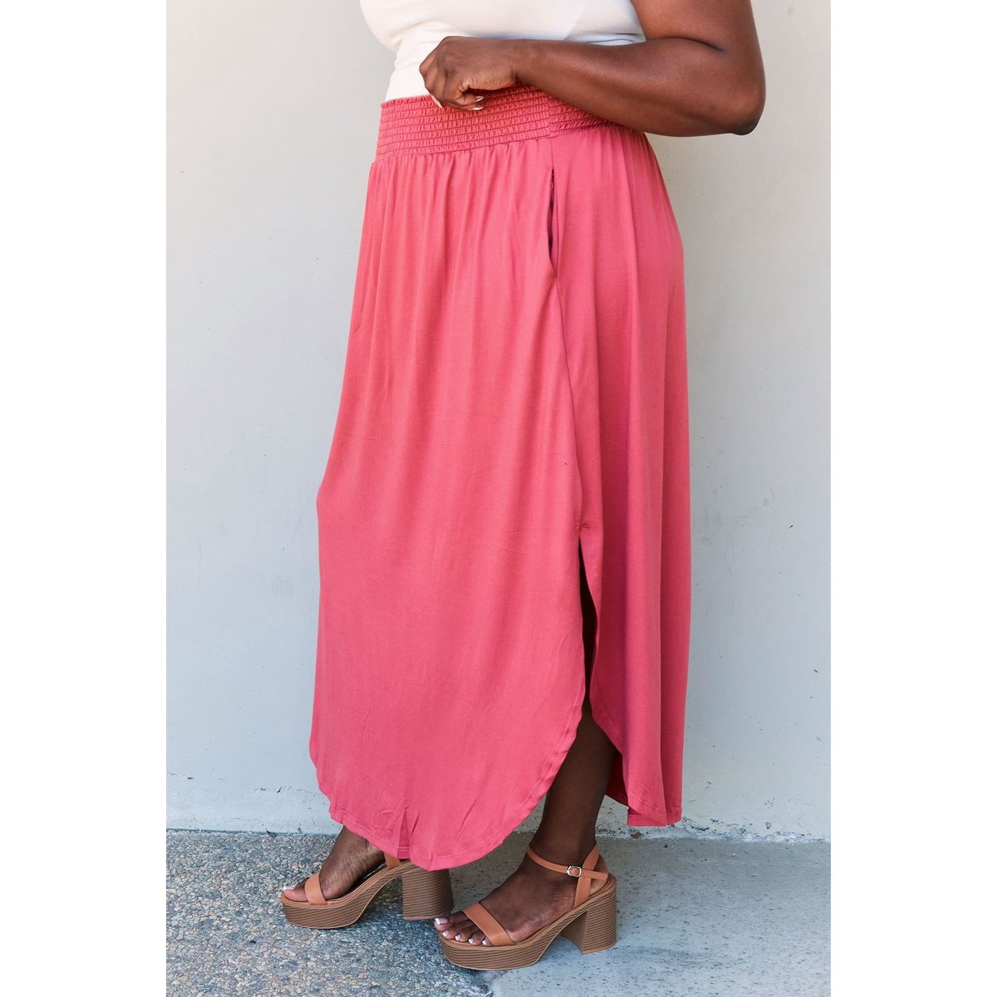 Doublju Comfort Princess Full Size High Waist Scoop Hem Maxi Skirt