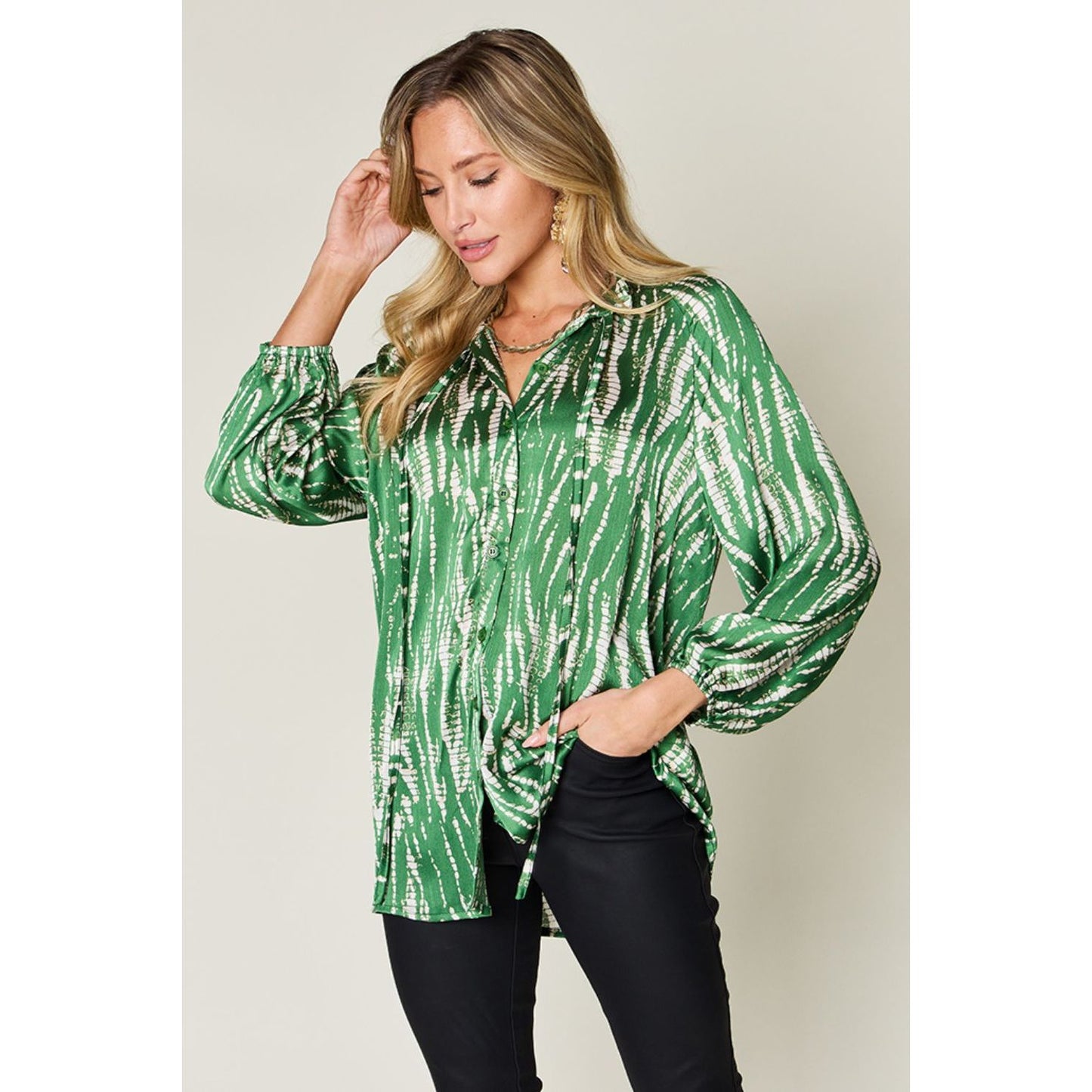 Double Take Full Size Printed Button Up Long Sleeve Shirt