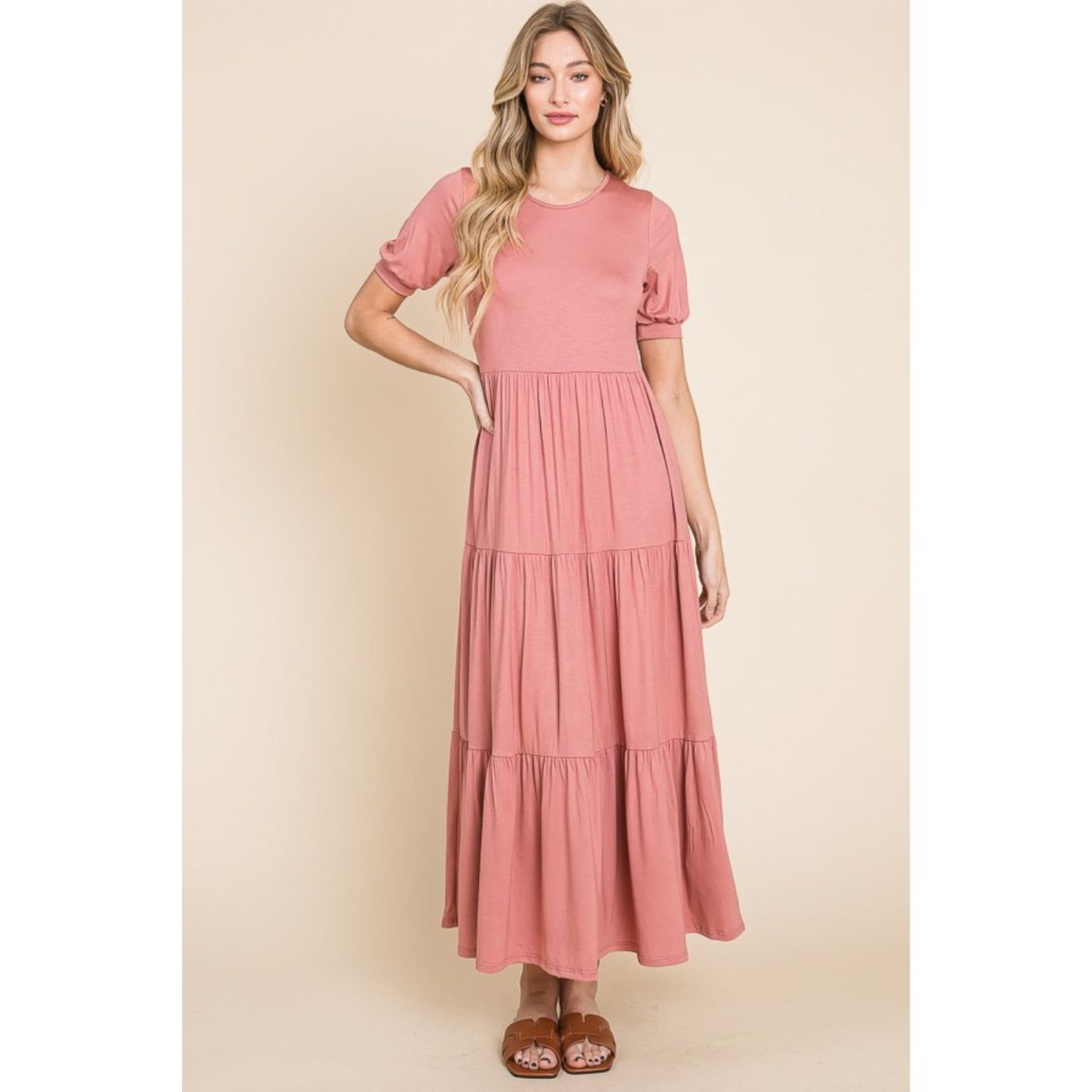 BOMBOM Short Sleeve Tiered Maxi Dress