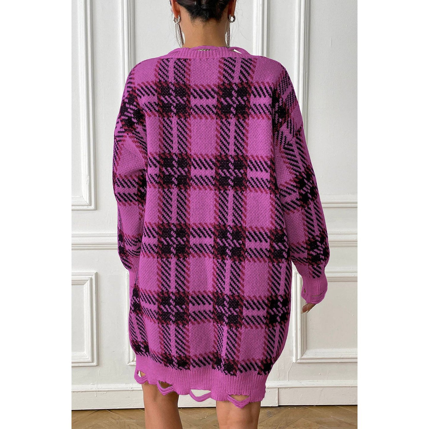 Plaid V-Neck Long Sleeve Sweater Dress