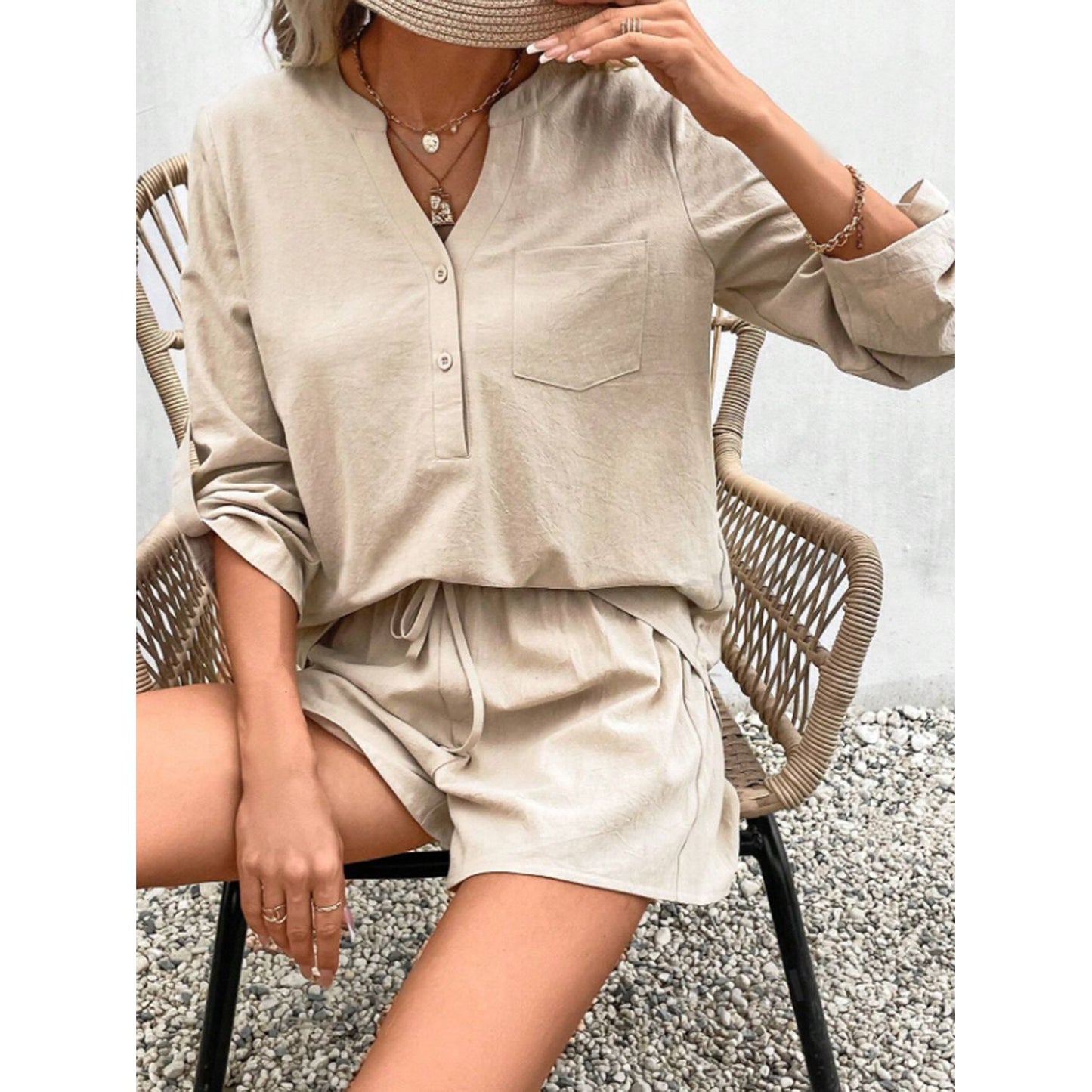 Notched Long Sleeve Top and Shorts Set