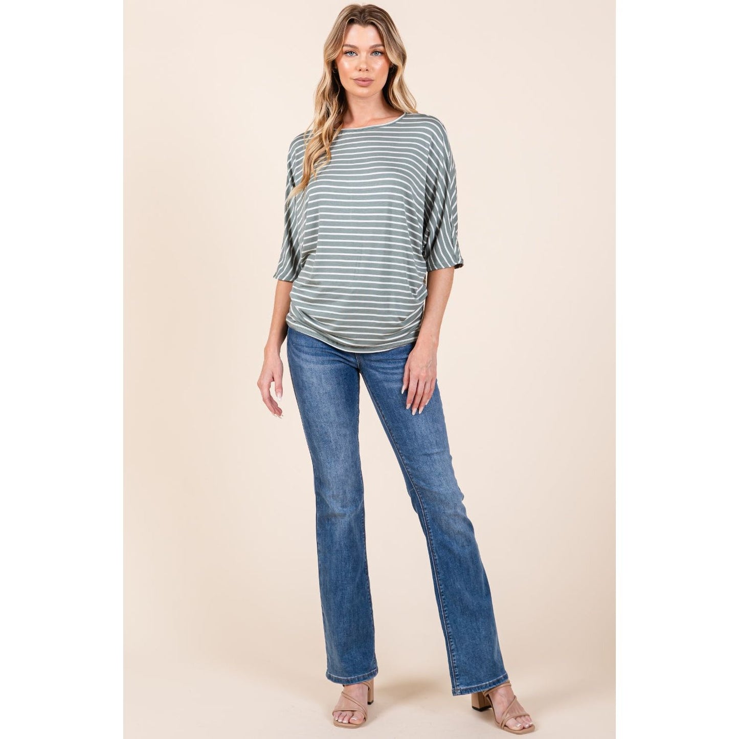 BOMBOM Striped Boat Neck Dolman Sleeve Top