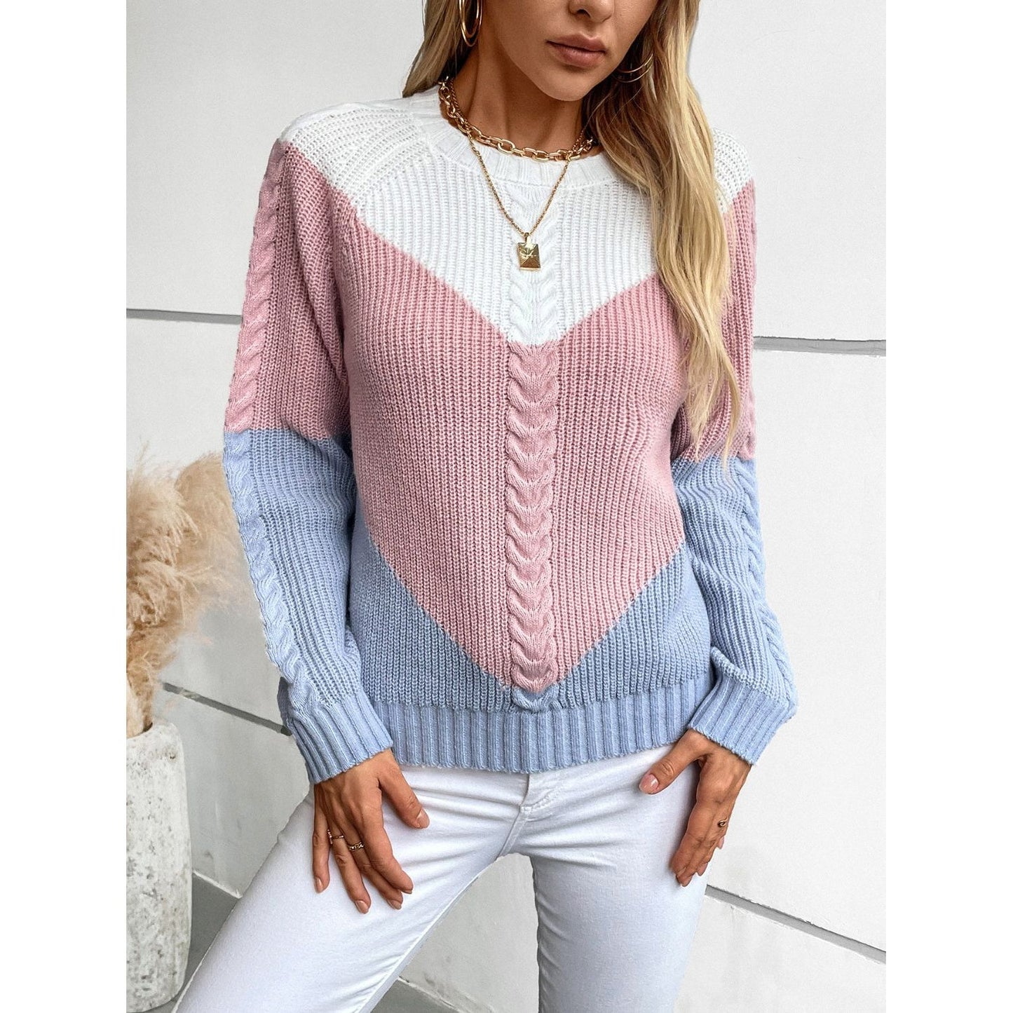 Color Block Round Neck Long Sleeve Sweater