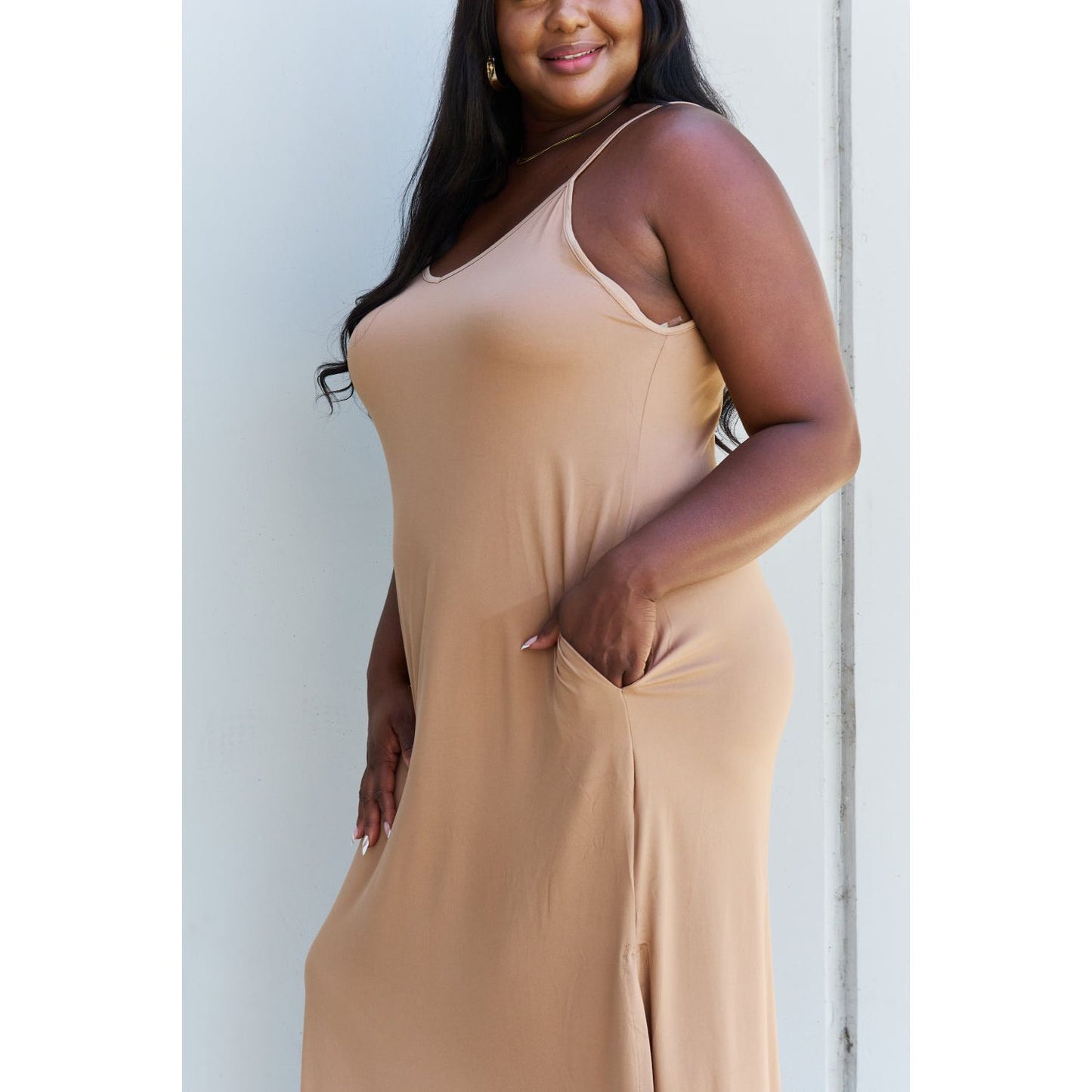 Ninexis Good Energy Full Size Cami Side Slit Maxi Dress in Camel