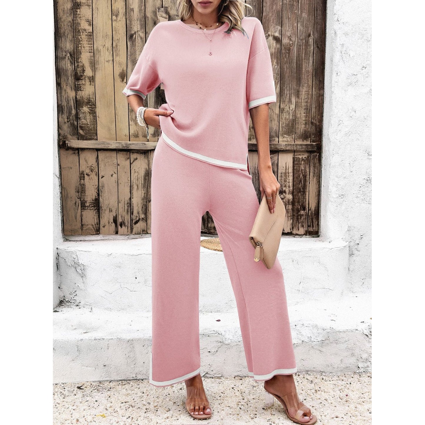 Contrast Trim Round Neck Top and Pants Set