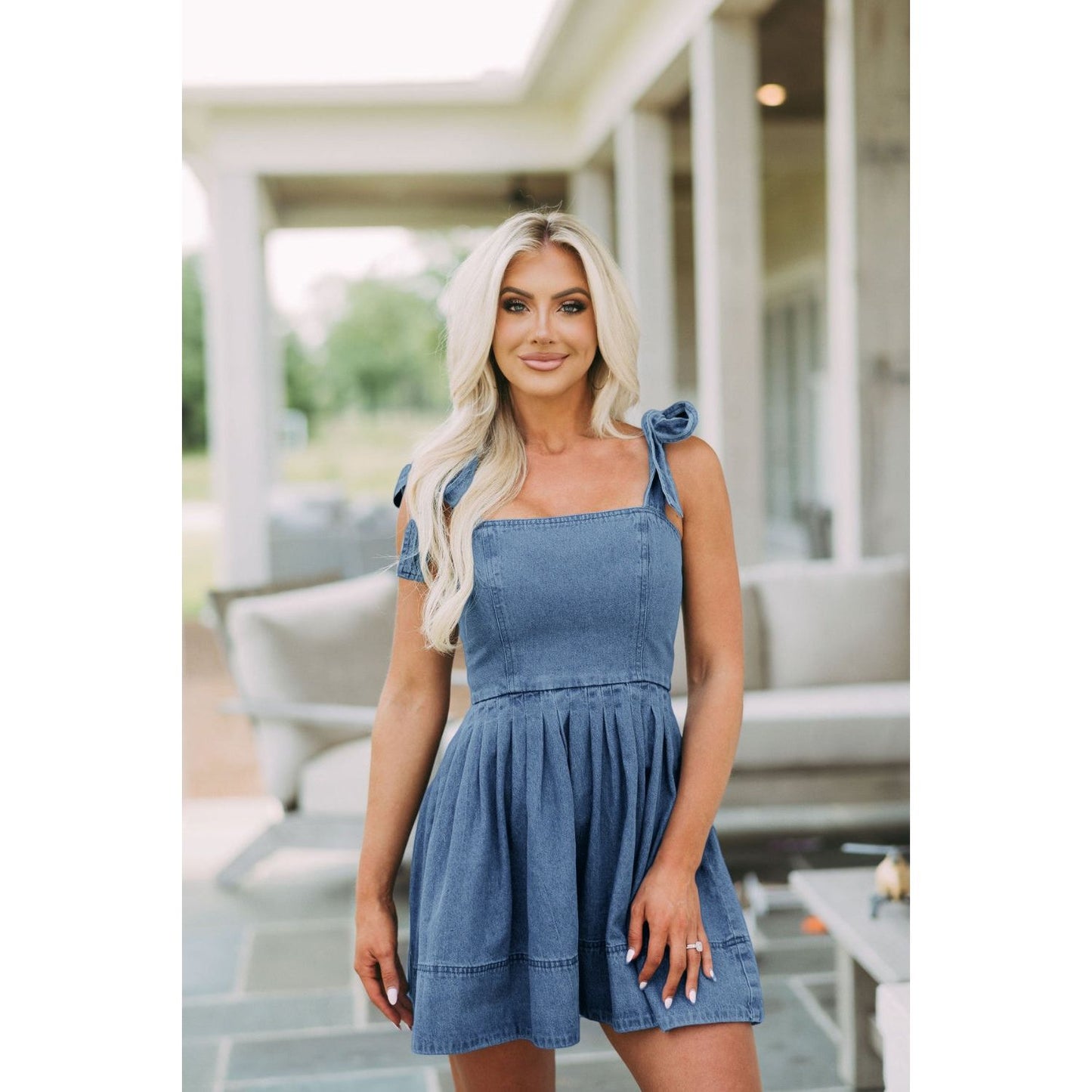 Square Neck Tie Shoulder Denim Dress