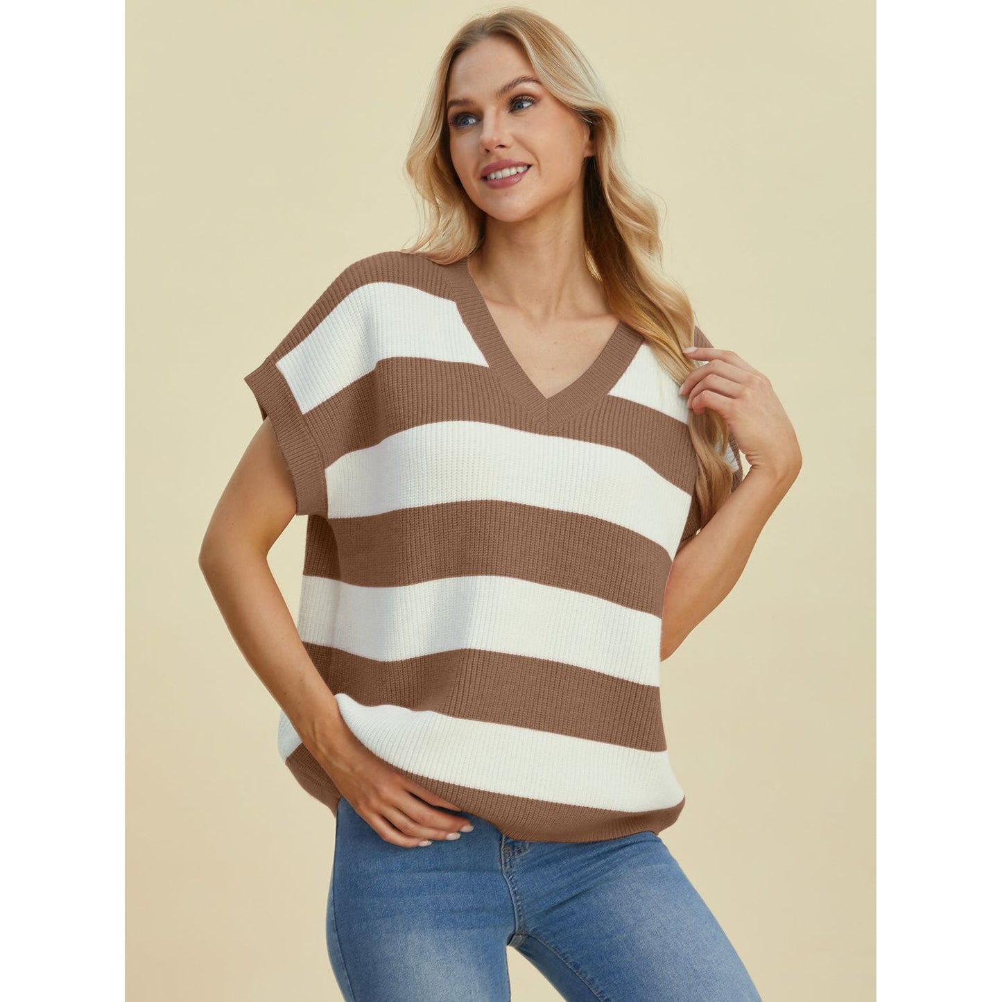 Double Take Full Size Striped V-Neck Short Sleeve Sweater