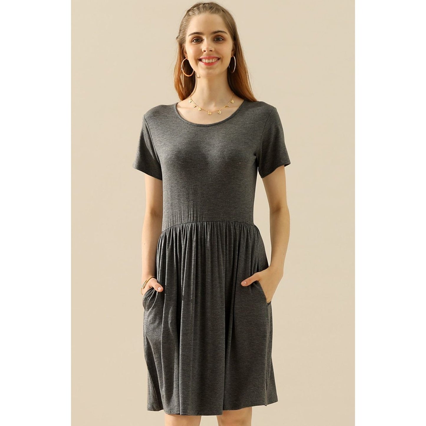 Ninexis Full Size Round Neck Ruched Dress with Pockets