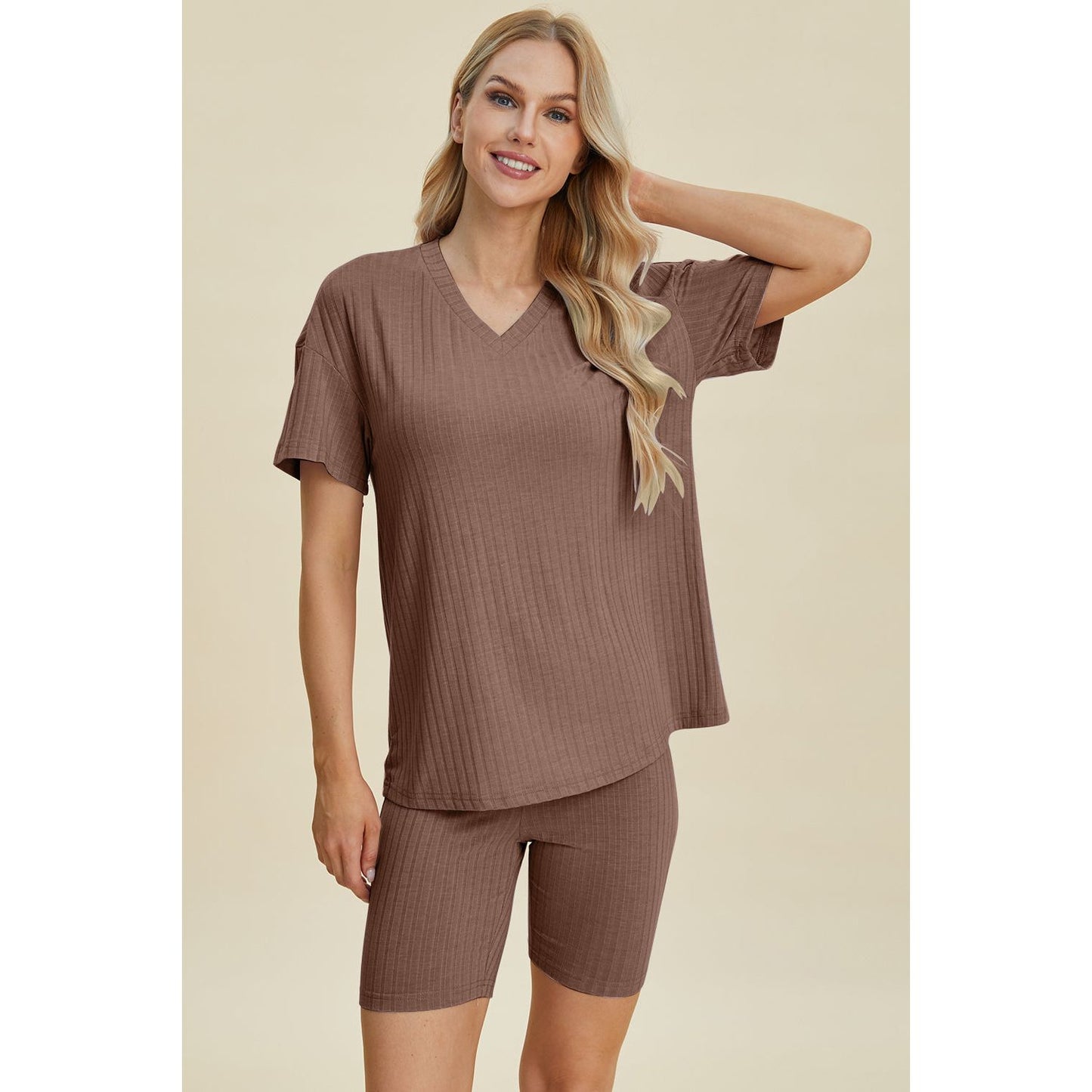 Basic Bae Full Size Ribbed V-Neck Short Sleeve Top and Shorts Set