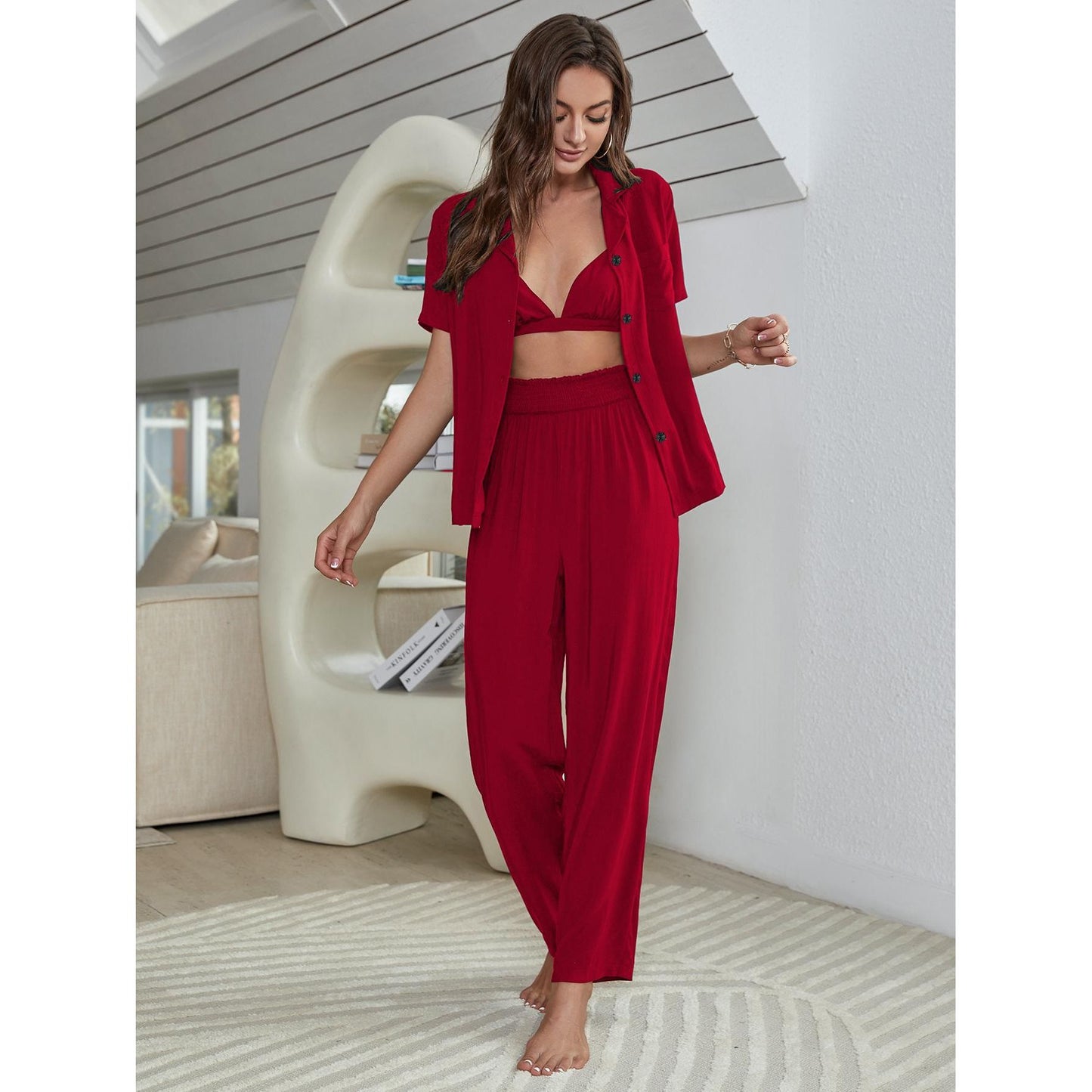 Short Sleeve Shirt, Bralette, and Pants Lounge Set