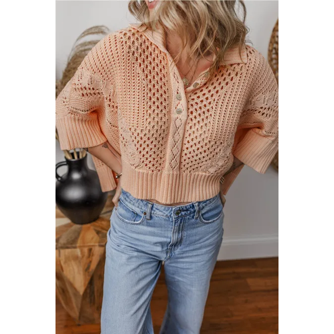 Cutout Collared Neck Three-Quarter Sleeve Sweater