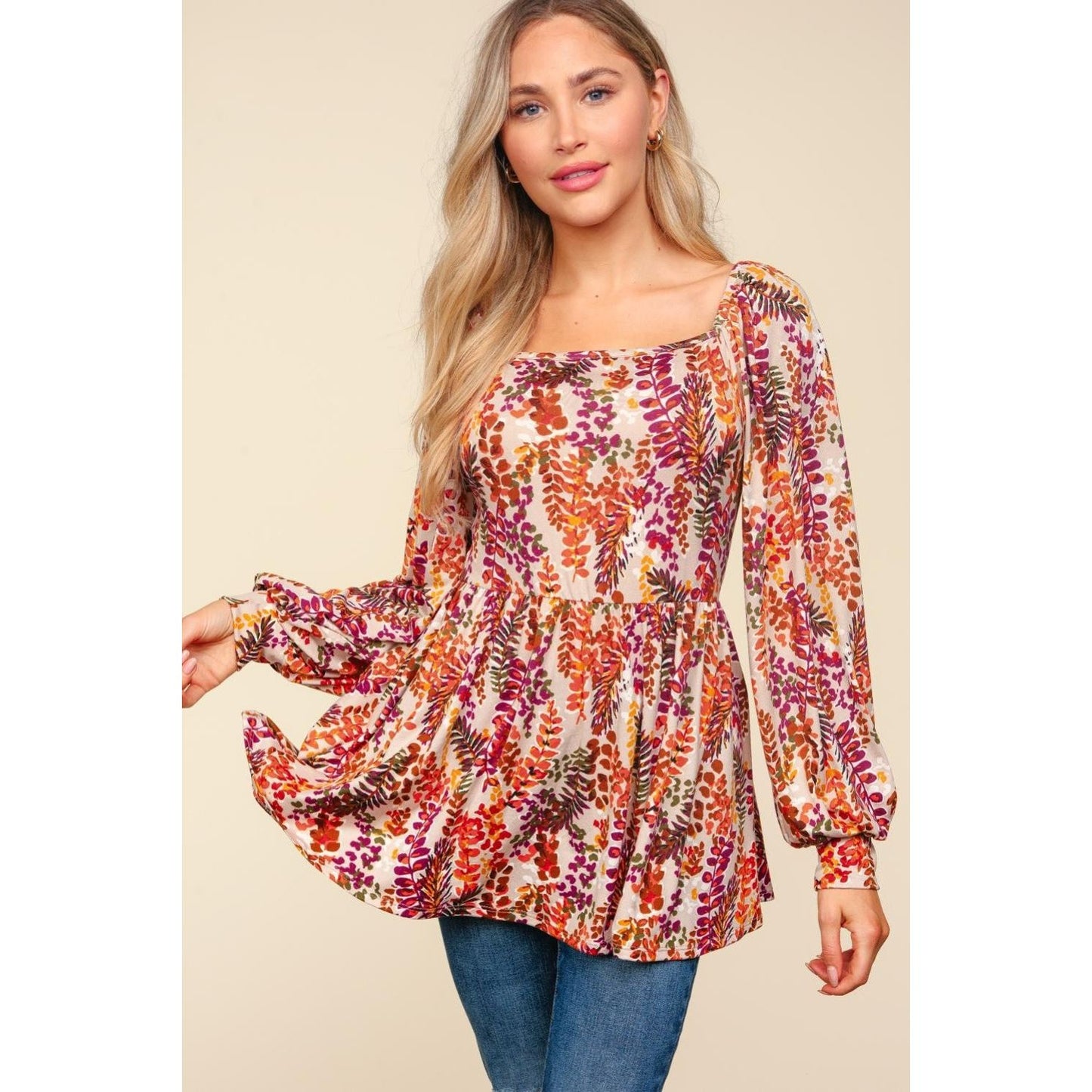 Haptics Full Size Peplum Floral Square Neck Blouse