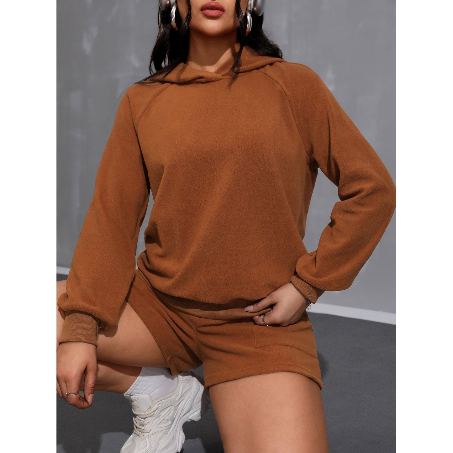 Long Sleeve Hoodie and Pocketed Shorts Set