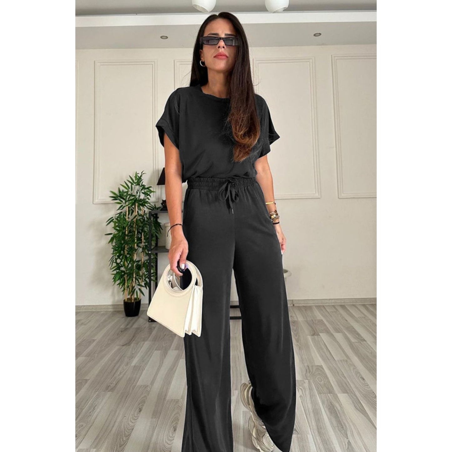 Round Neck Short Sleeve Top and Drawstring Pants Set