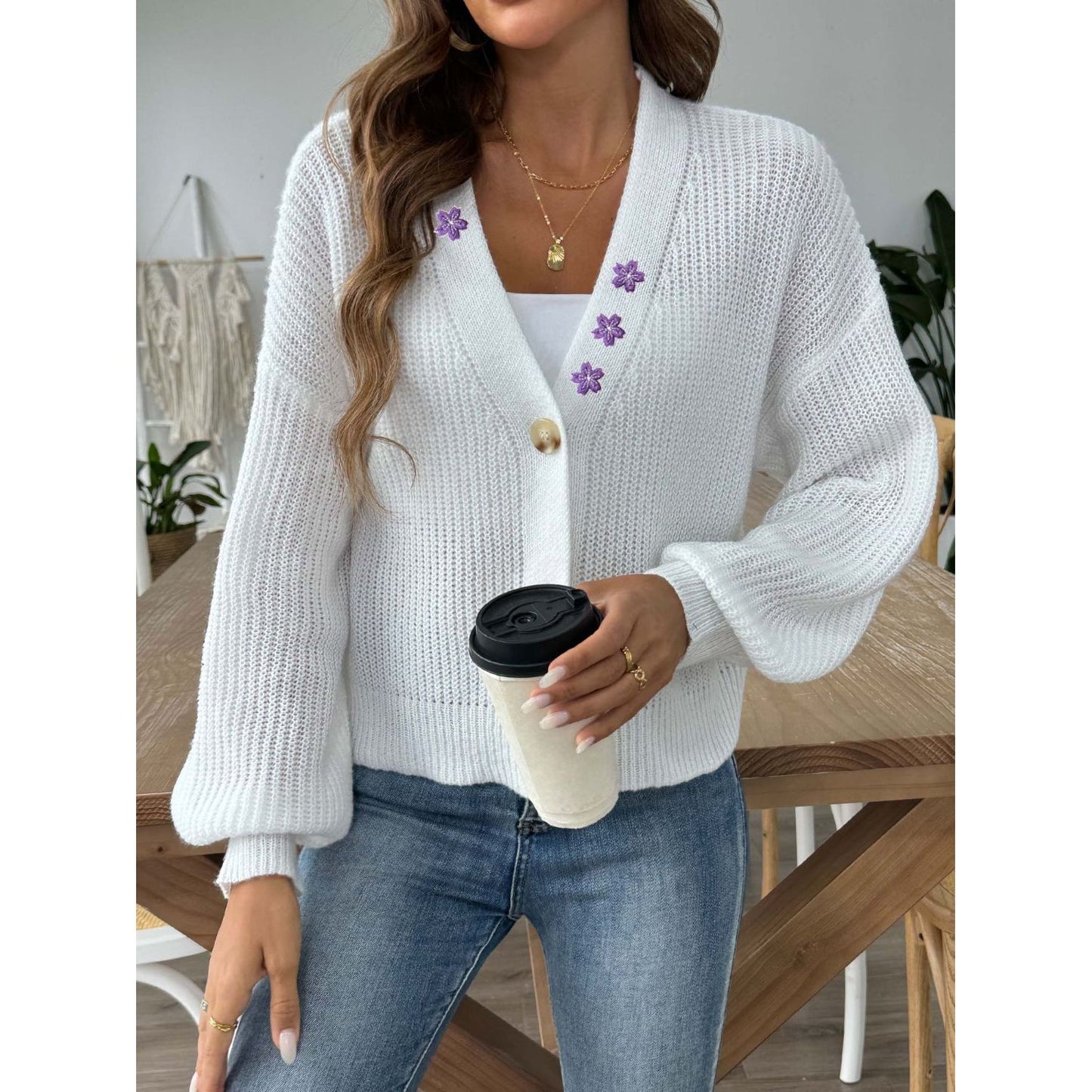 V-Neck Button Up Long Sleeve Cardigan