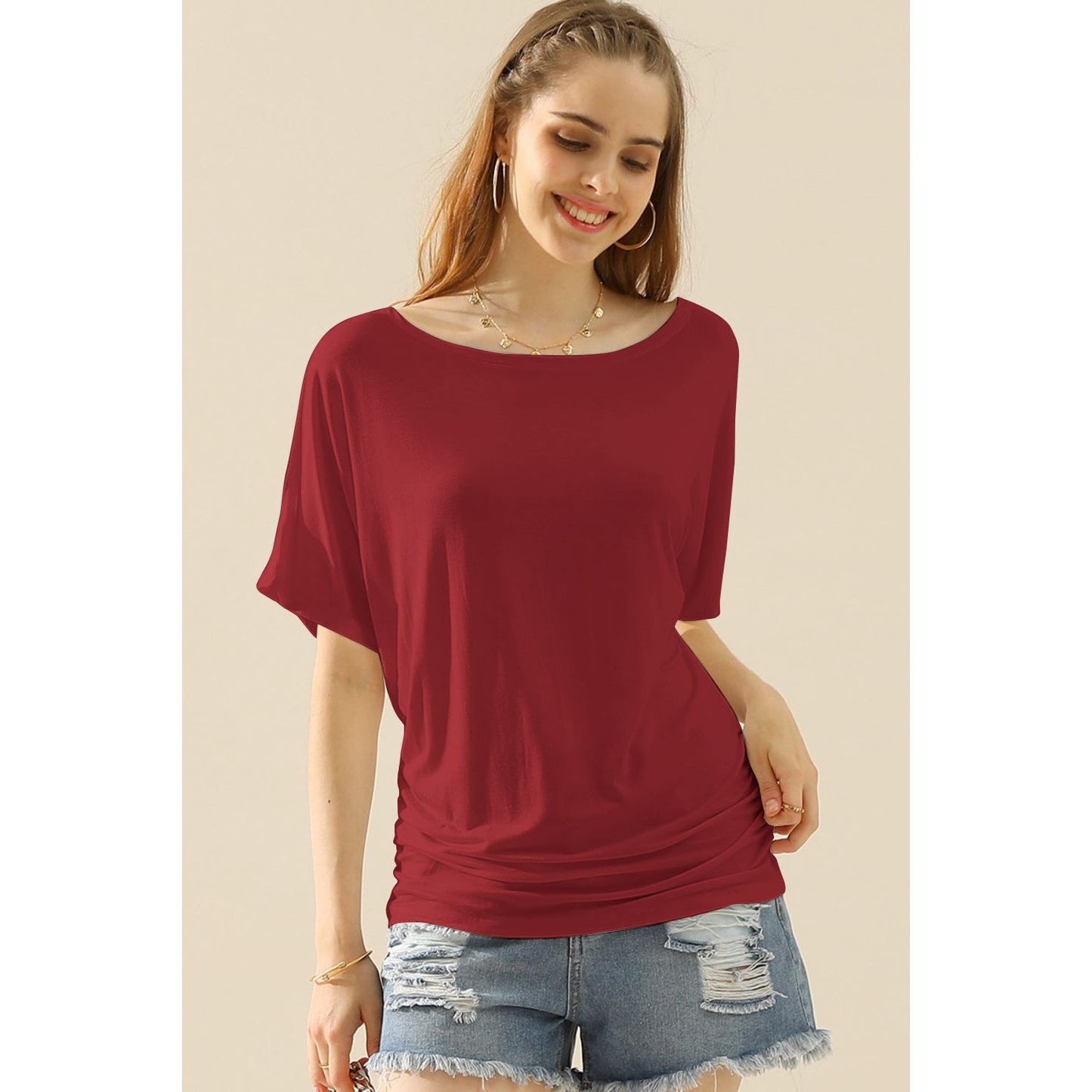 Ninexis Boat Neck Short Sleeve Ruched Side Top