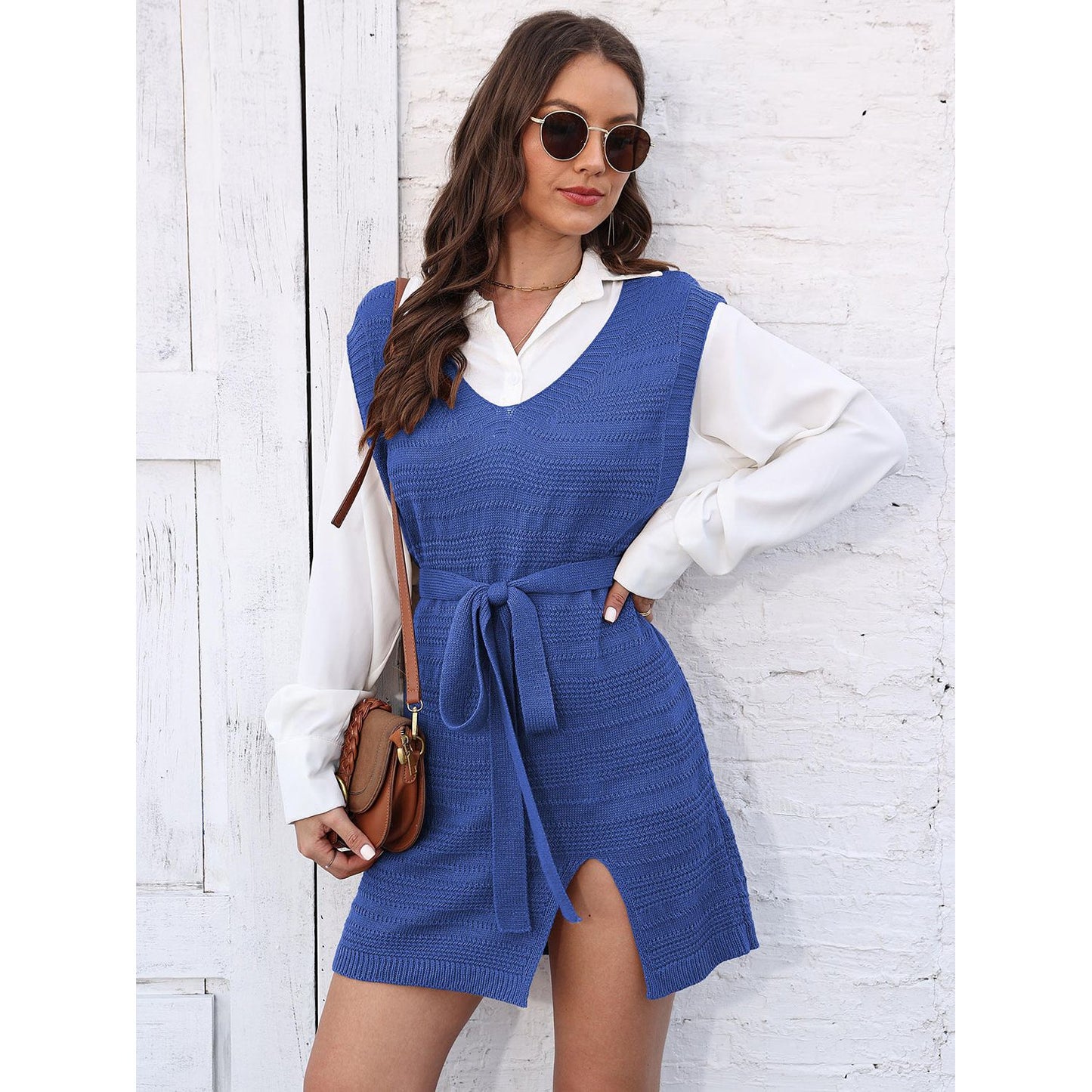 Tie Front V-Neck Sleeveless Slit Sweater Dress