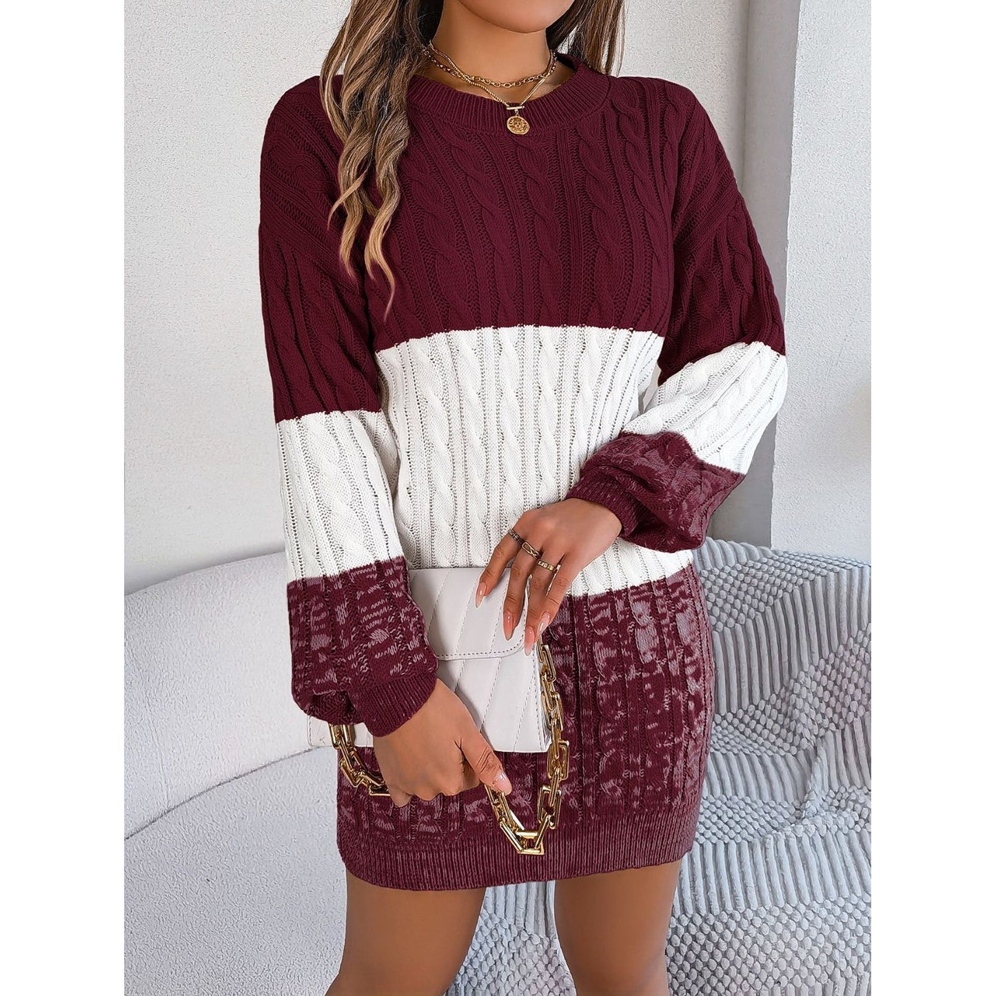 Cable-Knit Round Neck Color Block Sweater Dress