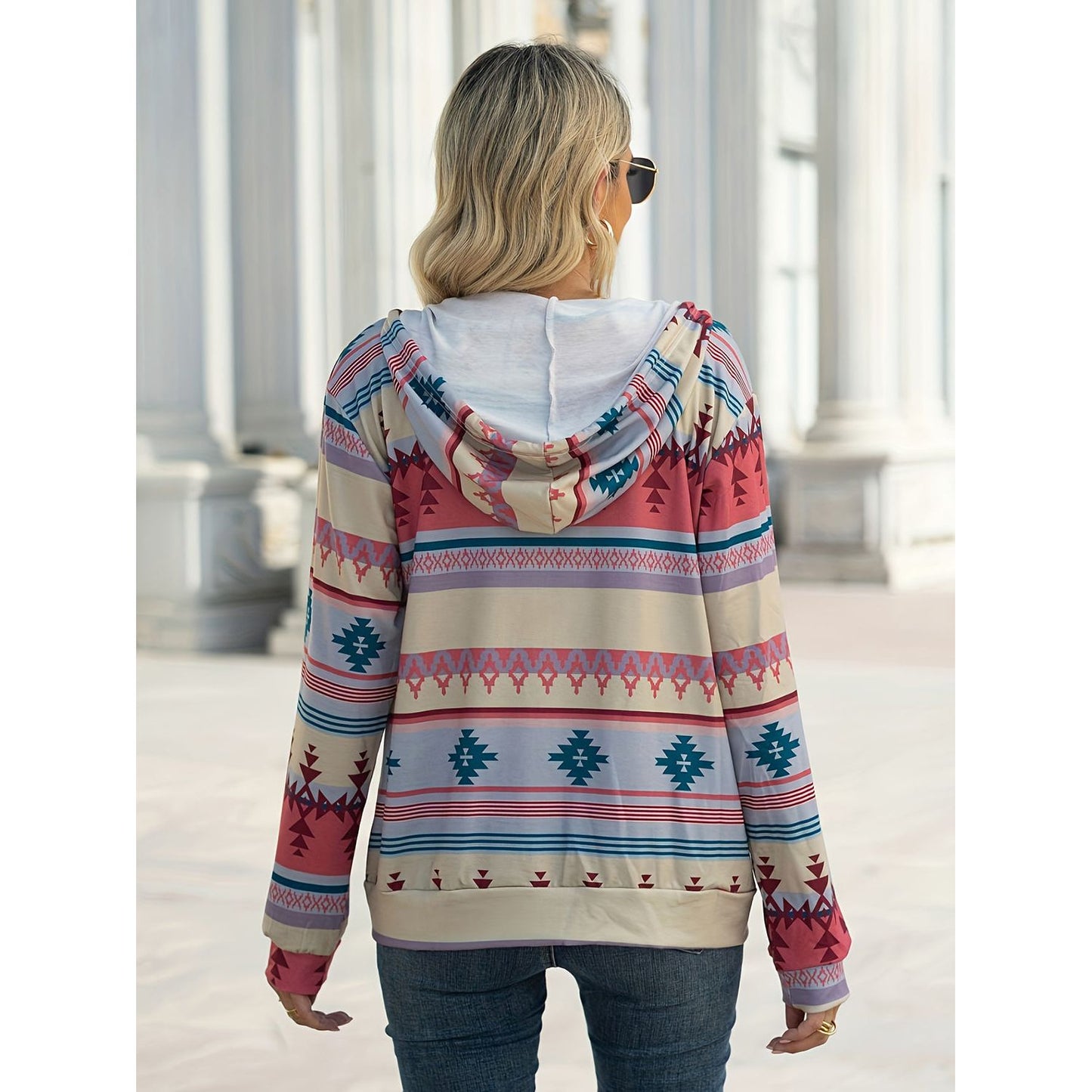 Geometric Zip Up Long Sleeve Hooded Jacket